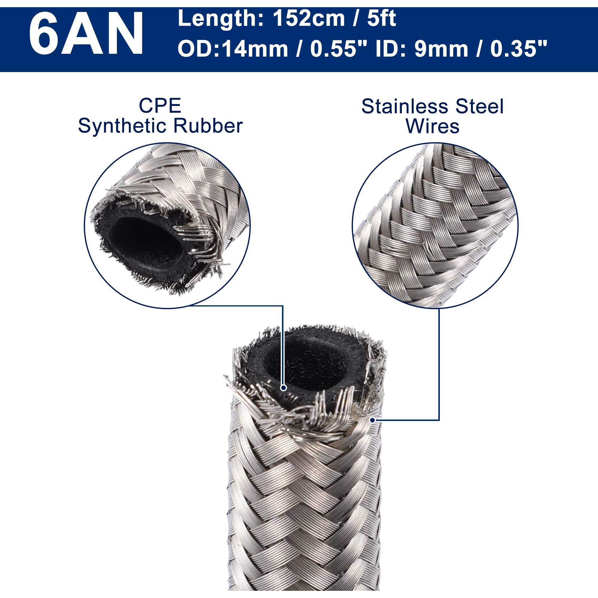 X Autohaux 5Ft 6An Fuel Hose An6 Universal Car Braided Stainless Steel Cpe Oil Fuel Gas Line Hose Silver Tone
