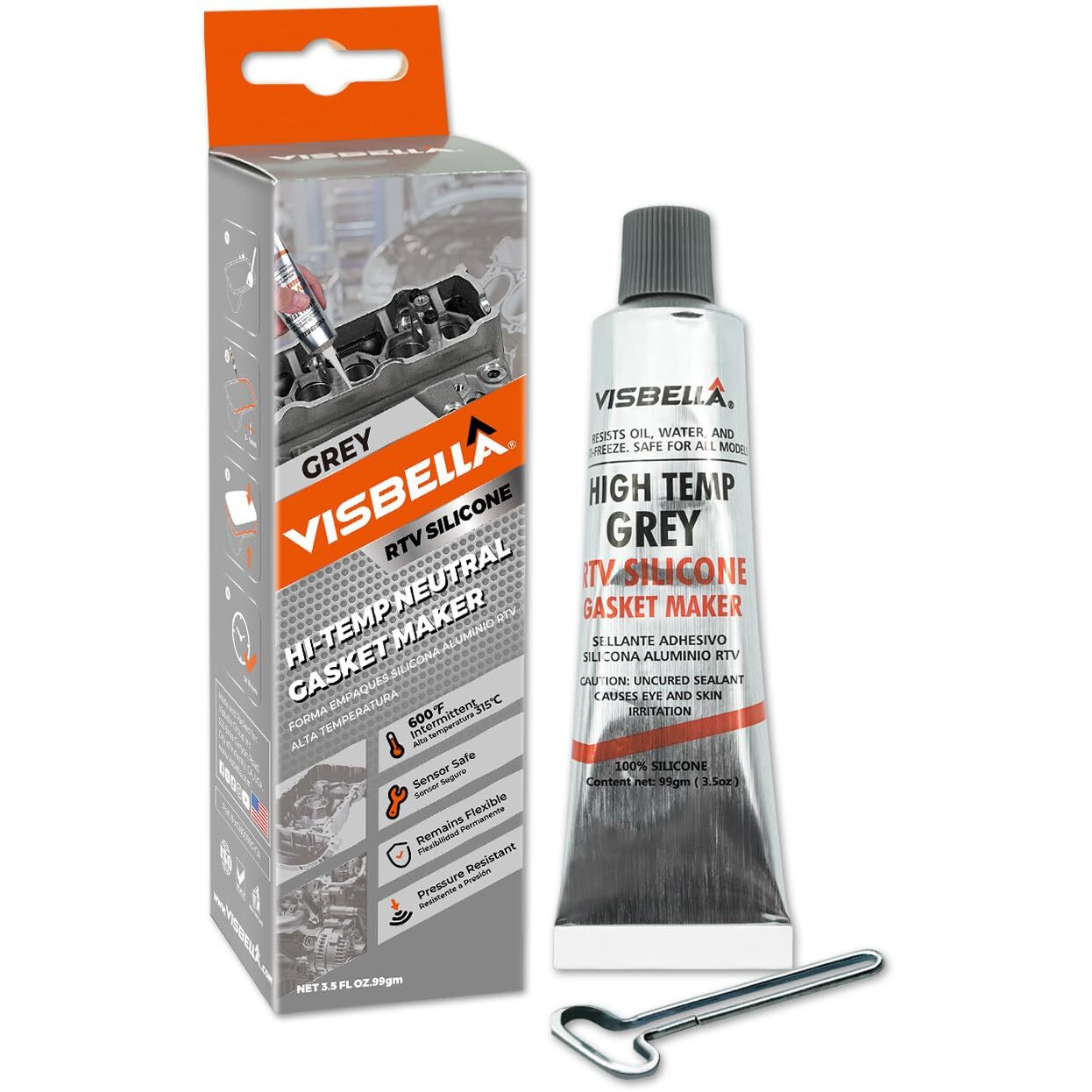 Visbella Gasket Maker Oil Resistant Sensor Safe Neutral Rtv Silicone Sealant Non-Corrosive High Flexibility Ideal For Domestic & Older Vehicles 3.5Oz (Grey)