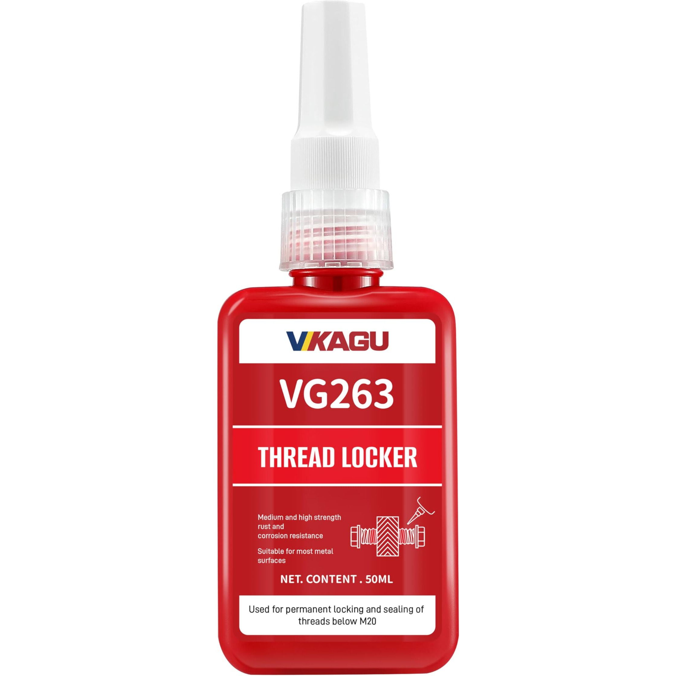 Vikagu 263 Thread Lock, Red High Strength Threadlocker,Anaerobic Curing Screw Glue,Oil Tolerant, Resists Heat & Chemicals 1.69Oz/50Ml