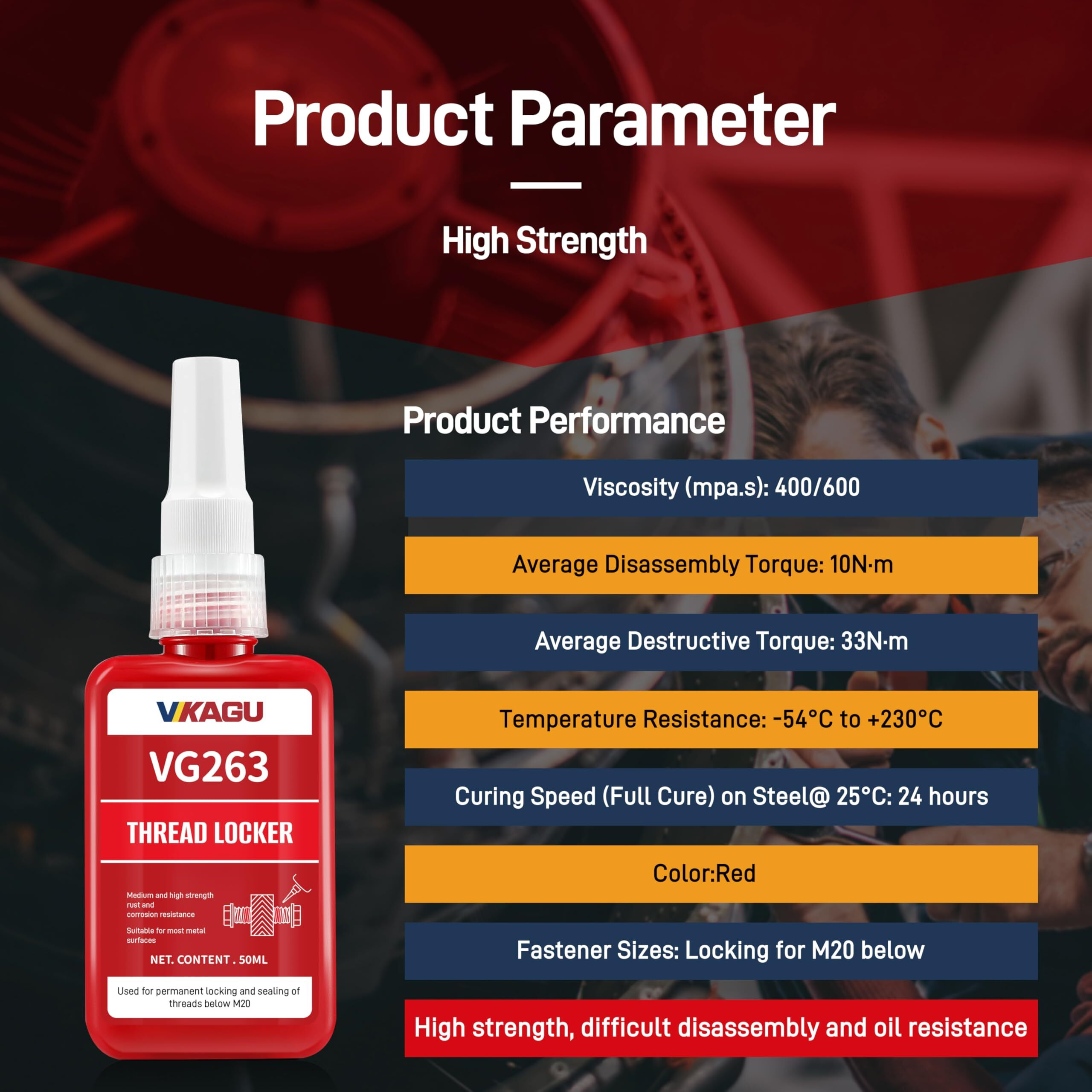Vikagu 263 Thread Lock, Red High Strength Threadlocker,Anaerobic Curing Screw Glue,Oil Tolerant, Resists Heat & Chemicals 1.69Oz/50Ml