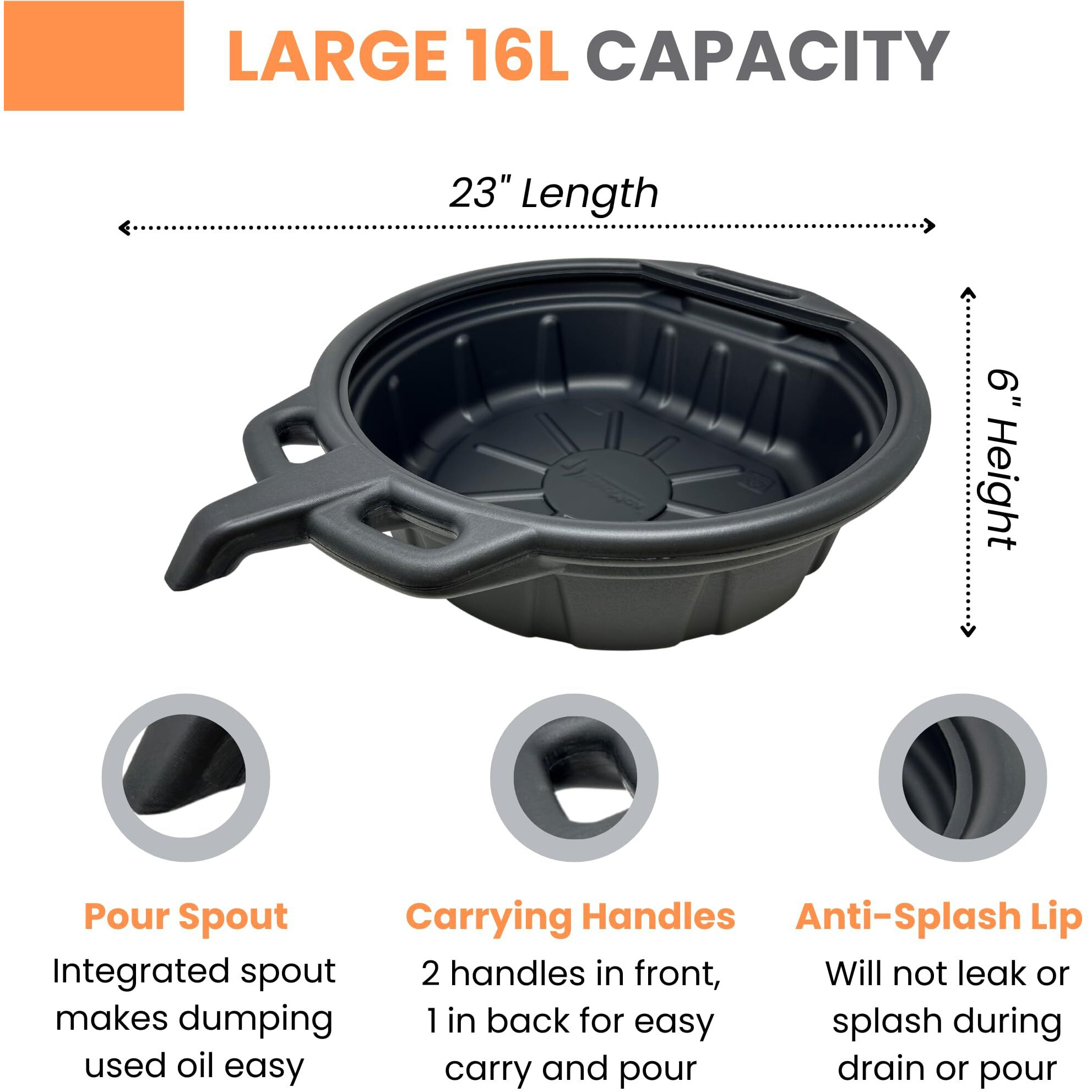 Valvomax 16L Oil Drain Pan For Changing Oil - Large 4 Gallon (17 Quarts) Capacity With Pour Spout & Anti-Splash Lip, Heavy Duty With Carrying Handles - Sturdy And Easy To Clean