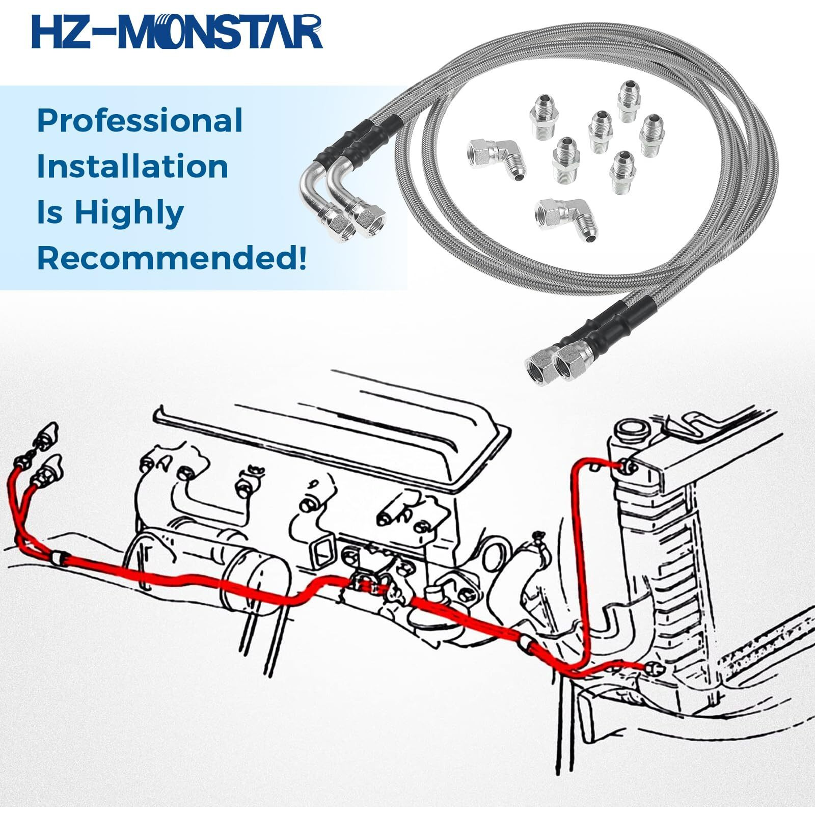 Hz-Monstar 6An 52"" Transmission Fluid Oil Cooler Hose Line Kit, Th350 Transmission Cooler Lines Compatible With Gm Chevy Ford Gmc Buick Cadillac Cars And Trucks For 700R4 Th400