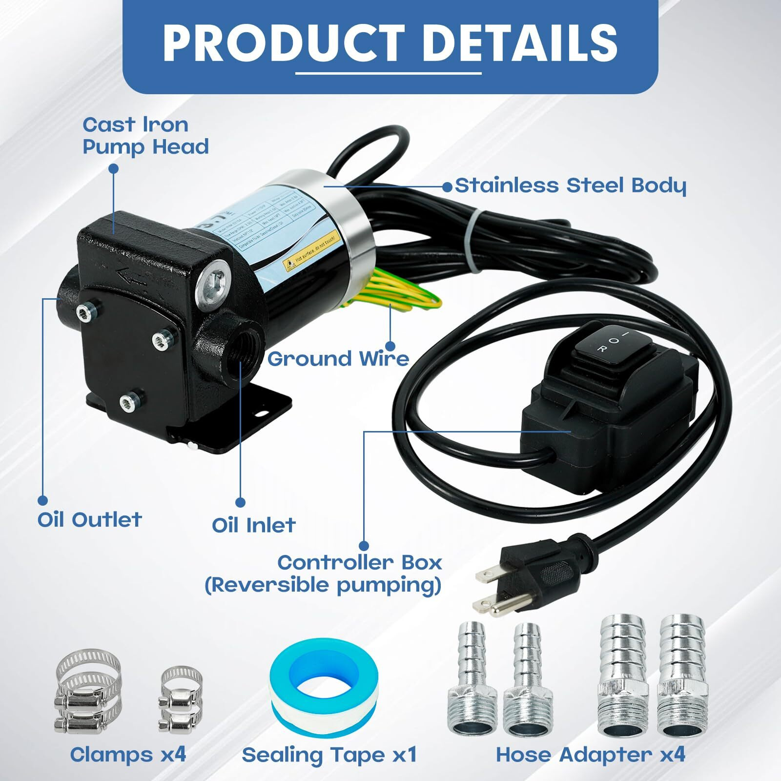 Lappplsp 110V Gasoline Oil Fuel Transfer Pump With Connection Cables, Upgraded Reversible Pumping, Thermal Protection, Switch Control, For Gasoline Diesel Kerosene