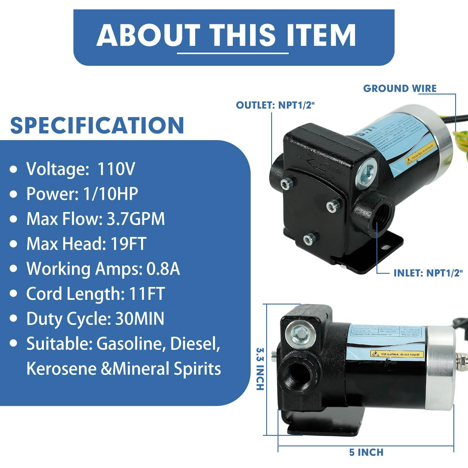 Lappplsp 110V Gasoline Oil Fuel Transfer Pump With Connection Cables, Upgraded Reversible Pumping, Thermal Protection, Switch Control, For Gasoline Diesel Kerosene