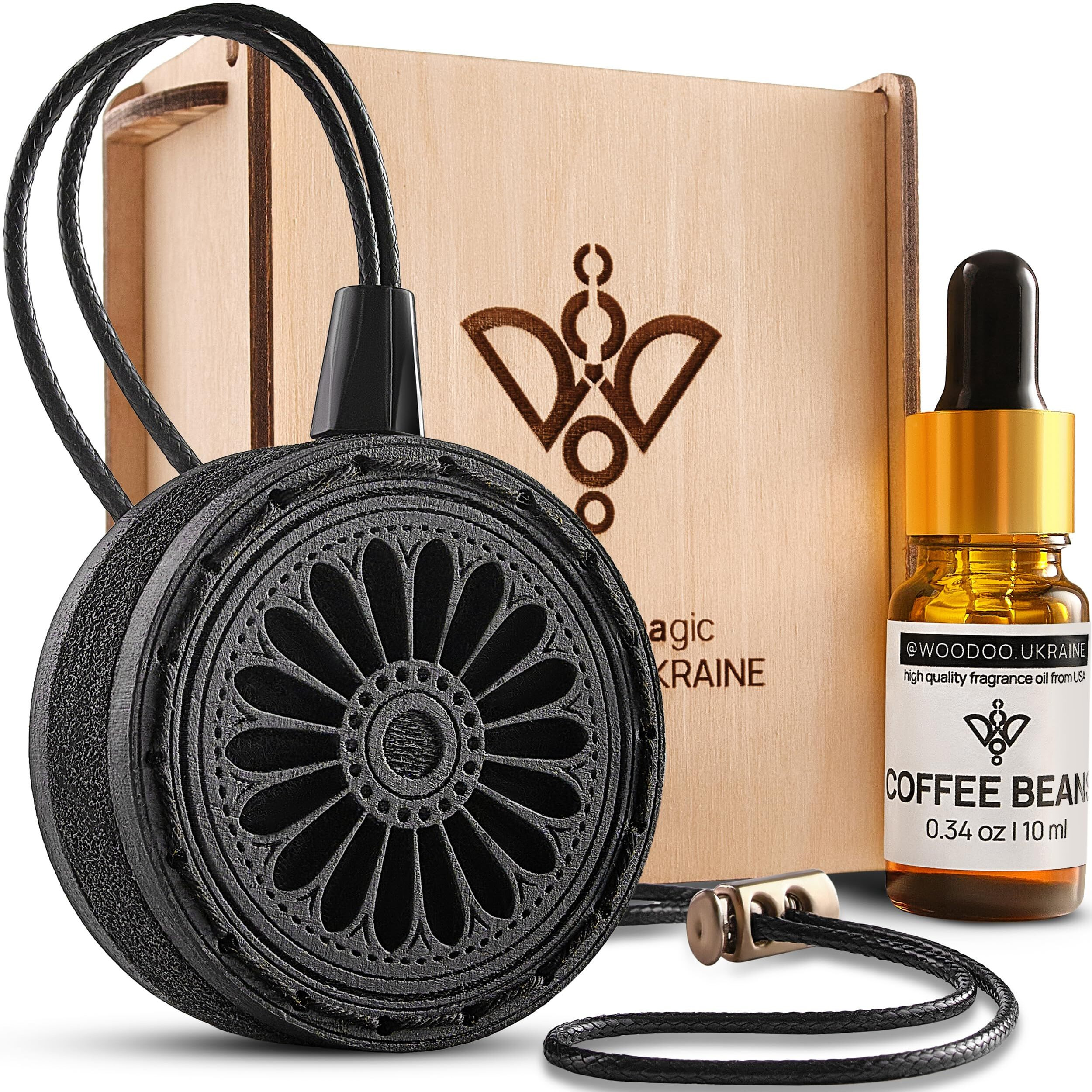 @Woodoo.Ukraine Wood Car Air Freshener - Handmade Air Freshener - Best Wheels Aromatherapy Fragrance Oil Diffuser In Wooden Gift Box - Ready To Gift Set With Coffee Beans Fragrance Oil - 10 Ml