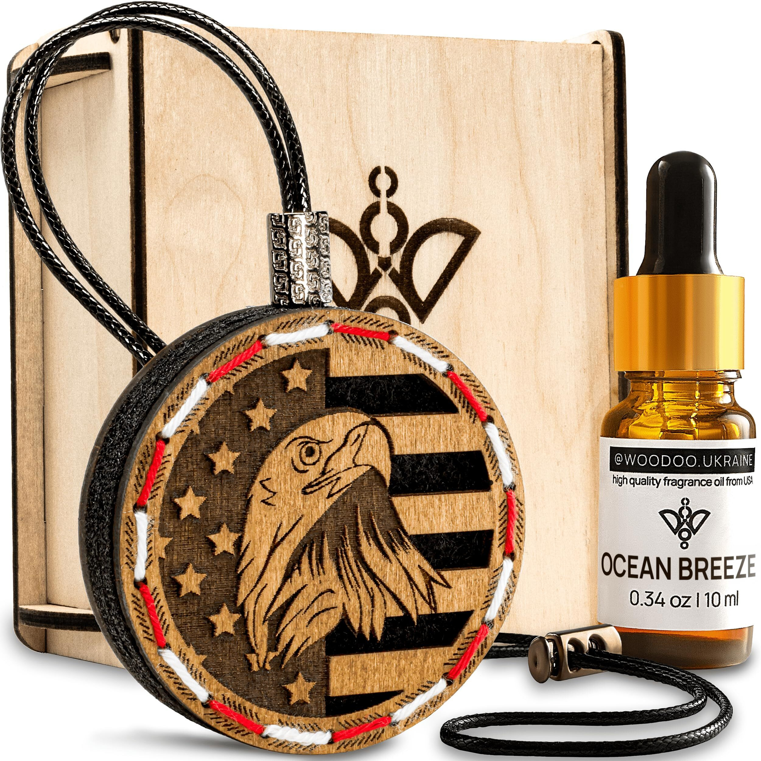 @Woodoo.Ukraine Wood Car Air Freshener - Handcrafted Air Freshener - American Flag Hanging Fragrance Oil Diffuser In Wooden Gift Box - Fathers Day Gift For Car With Ocean Breeze Fragrance Oil - 10 Ml