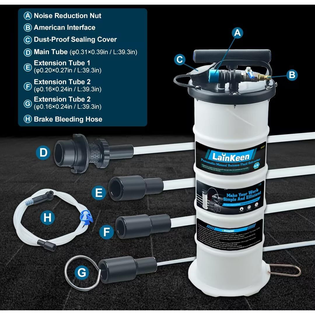 Lainkeen 6.5L Pneumatic/Manual Oil Fluid Extractor Pump Tools Kit,Oil Change Vacuum Pump Extractor For Automotive/Boats Oil Change Transfer With Pump Tank Remover & 4 Tubes And A Brake Bleeding Hose