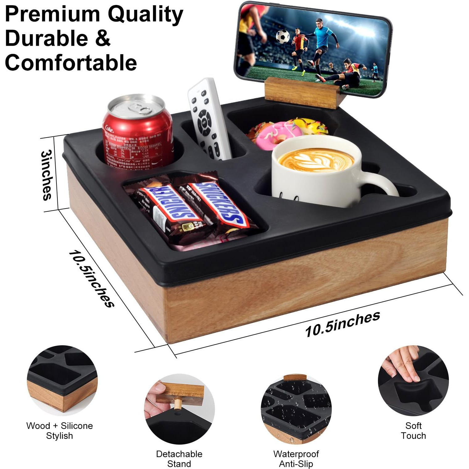Felizshop Couch Cup Holder Tray - Spill-Proof Wooden Sofa Organizer With Silicone Insert For Snacks, Drinks, Remote & Phone, Waterproof Caddy For Bed, Car, Rv & Living Room (Black)