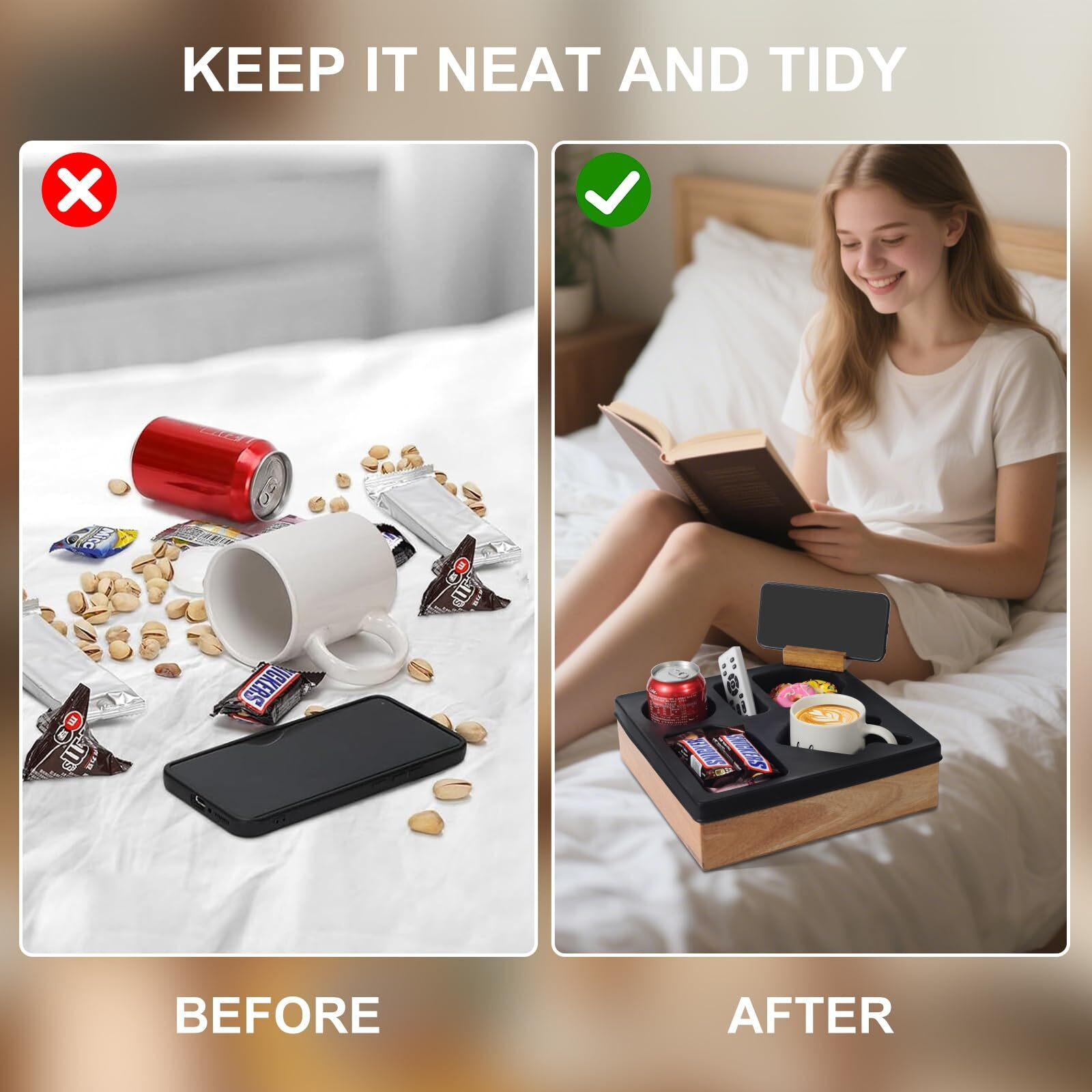 Felizshop Couch Cup Holder Tray - Spill-Proof Wooden Sofa Organizer With Silicone Insert For Snacks, Drinks, Remote & Phone, Waterproof Caddy For Bed, Car, Rv & Living Room (Black)