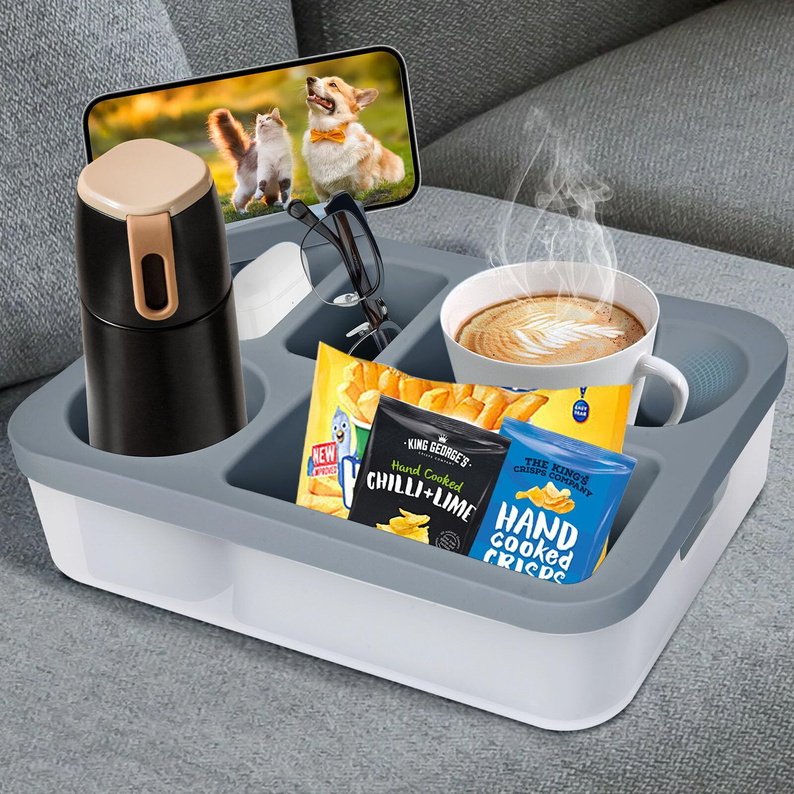 Terralyx Couch Cup Holder,Couch Caddy With Handle For Car Back Seat,Beach,Waterproof Anti Spill Bed Caddy Organizer,Movie Night Sofa Arm Tray For Snack Beverage Remote With Phone Stand(Gray)