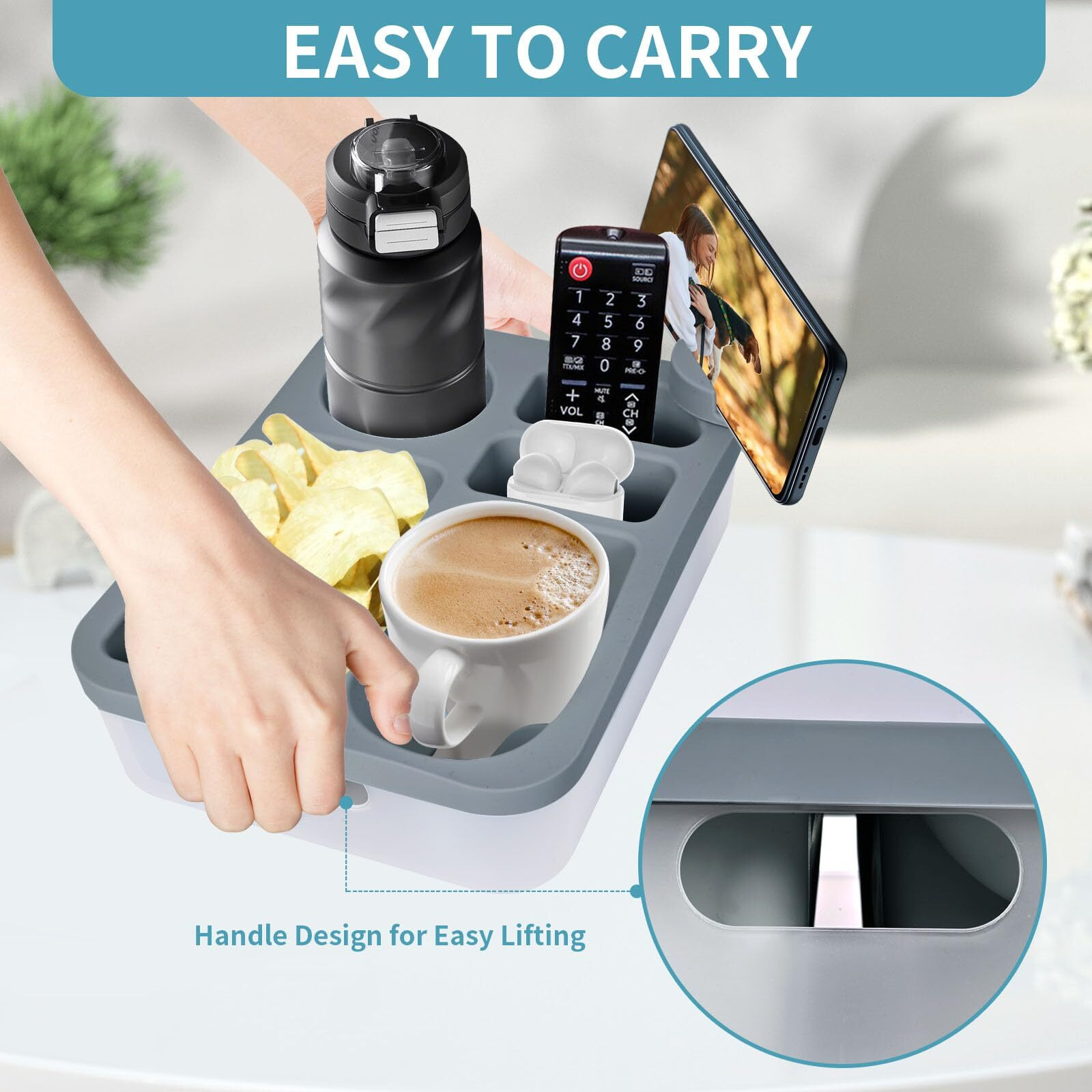 Terralyx Couch Cup Holder,Couch Caddy With Handle For Car Back Seat,Beach,Waterproof Anti Spill Bed Caddy Organizer,Movie Night Sofa Arm Tray For Snack Beverage Remote With Phone Stand(Gray)