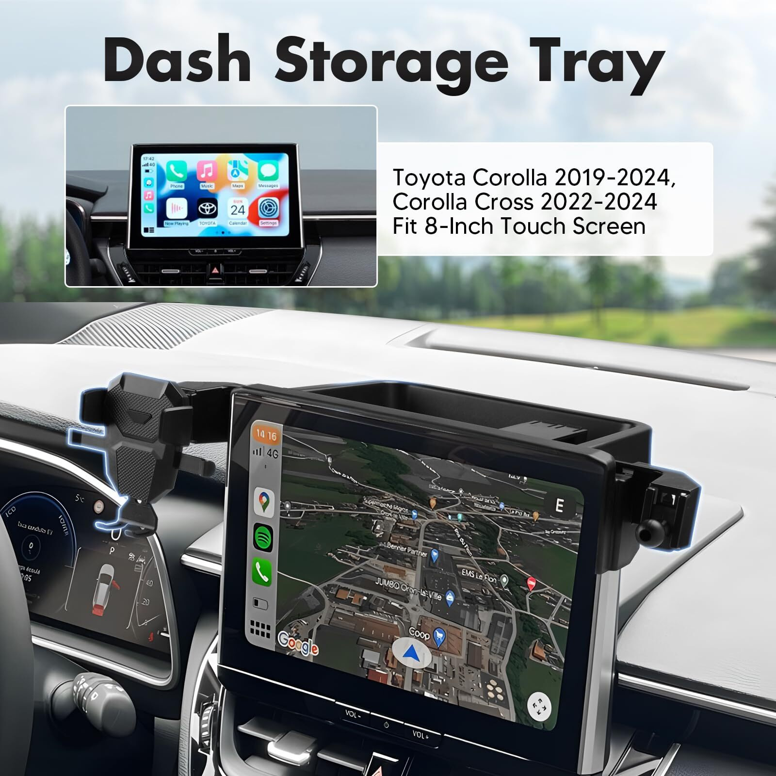 Fiilines Car Phone Holder Fit For 2019-2025 Toyota Corolla/Corolla Cross 2022-2025 (Fit 8"" Touch Screen) Cell Phone Mount With Dash Center Console Organizer, Screen Fixed Clip Interior Accessories