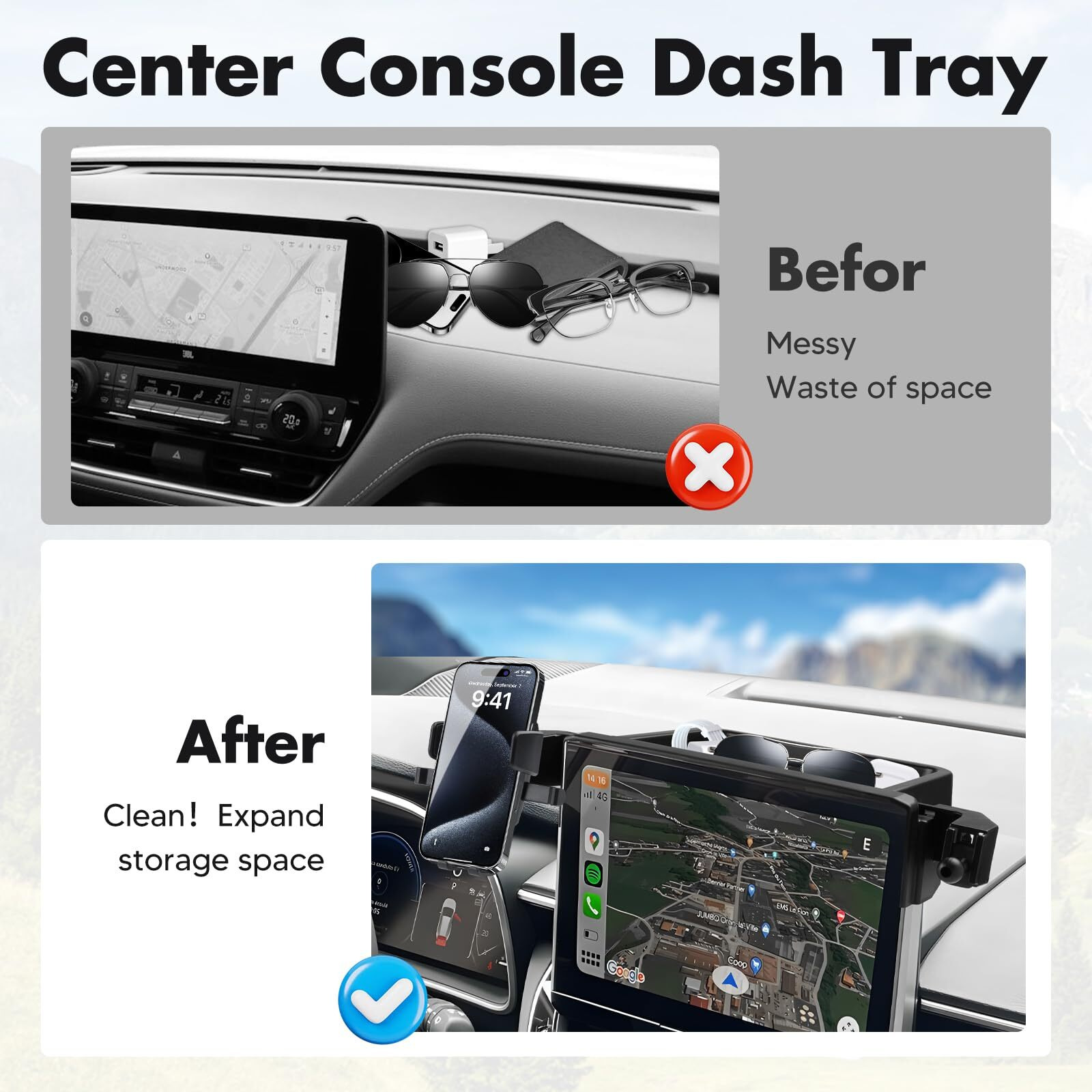 Fiilines Car Phone Holder Fit For 2019-2025 Toyota Corolla/Corolla Cross 2022-2025 (Fit 8"" Touch Screen) Cell Phone Mount With Dash Center Console Organizer, Screen Fixed Clip Interior Accessories