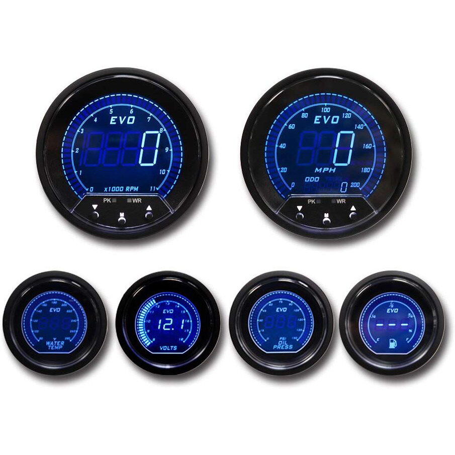 Motor Meter Racing Evo Series Digital 6 Gauge Set - Blue & Red Switchable Led - 3-3/8"" 85Mm Gps Speedometer & Tachometer - 2-1/16"" 52Mm Voltage, Fuel Level, Water Temperature & Oil Pressure