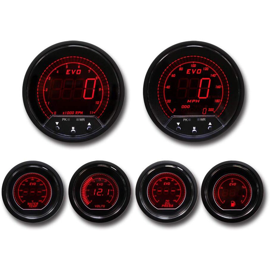 Motor Meter Racing Evo Series Digital 6 Gauge Set - Blue & Red Switchable Led - 3-3/8"" 85Mm Gps Speedometer & Tachometer - 2-1/16"" 52Mm Voltage, Fuel Level, Water Temperature & Oil Pressure