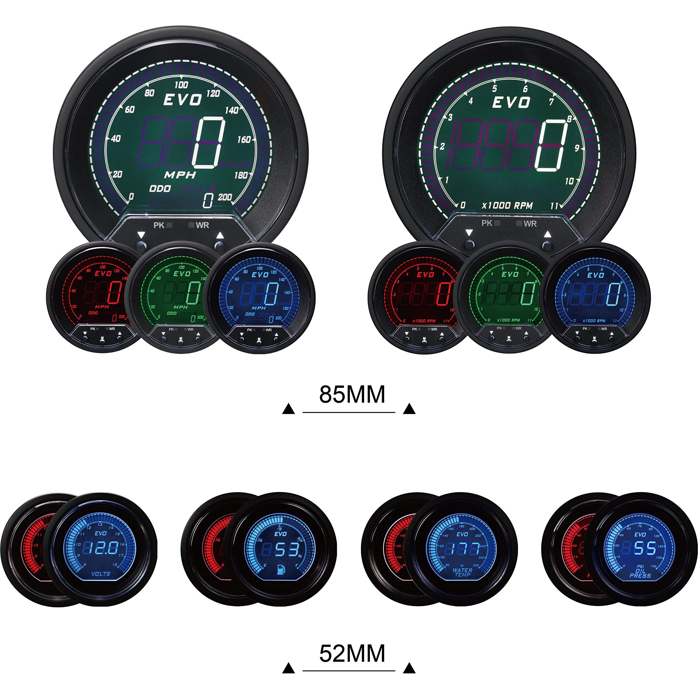 Motor Meter Racing Evo Series Digital 6 Gauge Set - Blue & Red Switchable Led - 3-3/8"" 85Mm Gps Speedometer & Tachometer - 2-1/16"" 52Mm Voltage, Fuel Level, Water Temperature & Oil Pressure