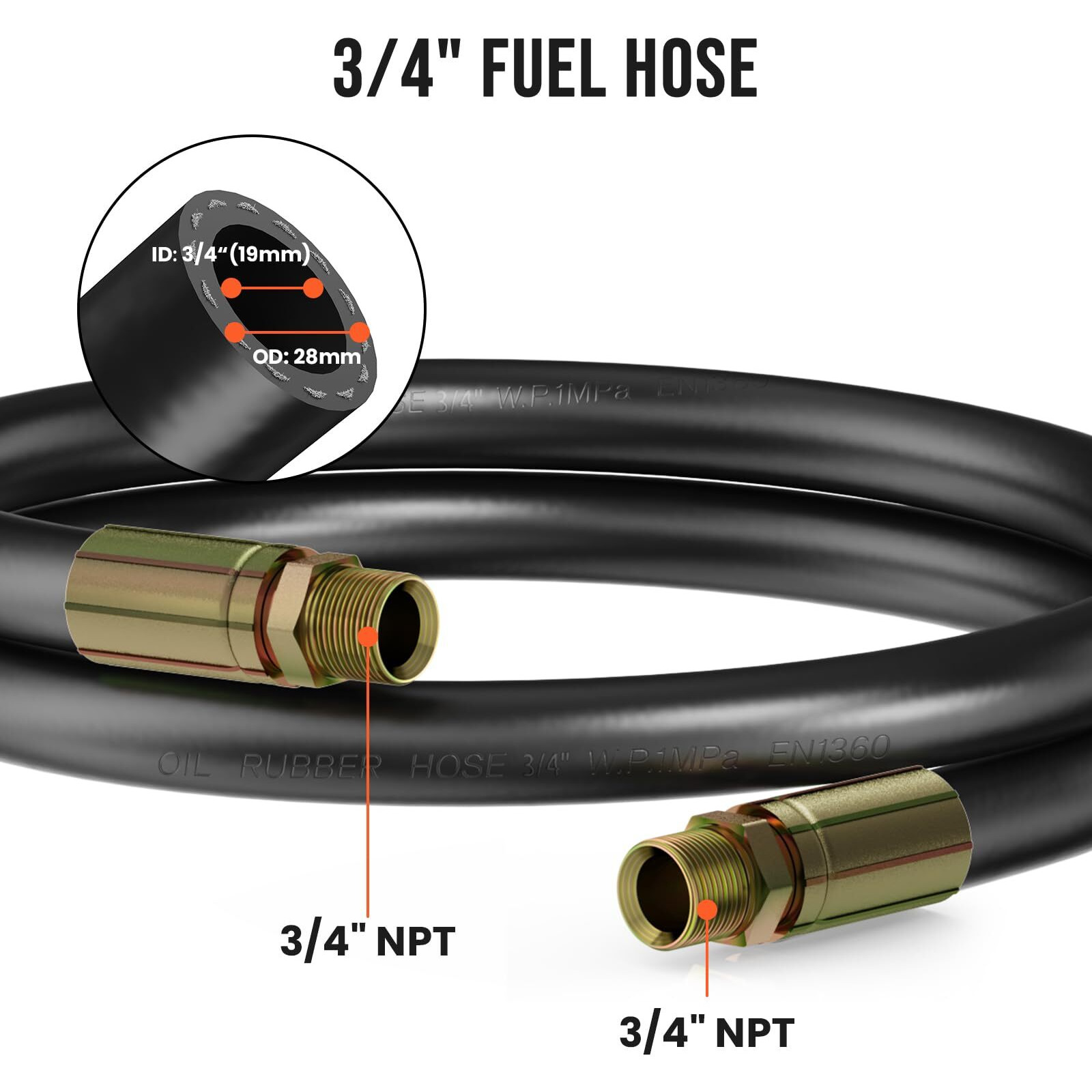 3/4"" Fuel Hose 20Ft With Carbon Steel Male Npt Fittings, Three Protective Layers Farm Fuel Hose For Dispensing Diesel, Gasoline, Biodiesel, Kerosene, Petroleum Oils
