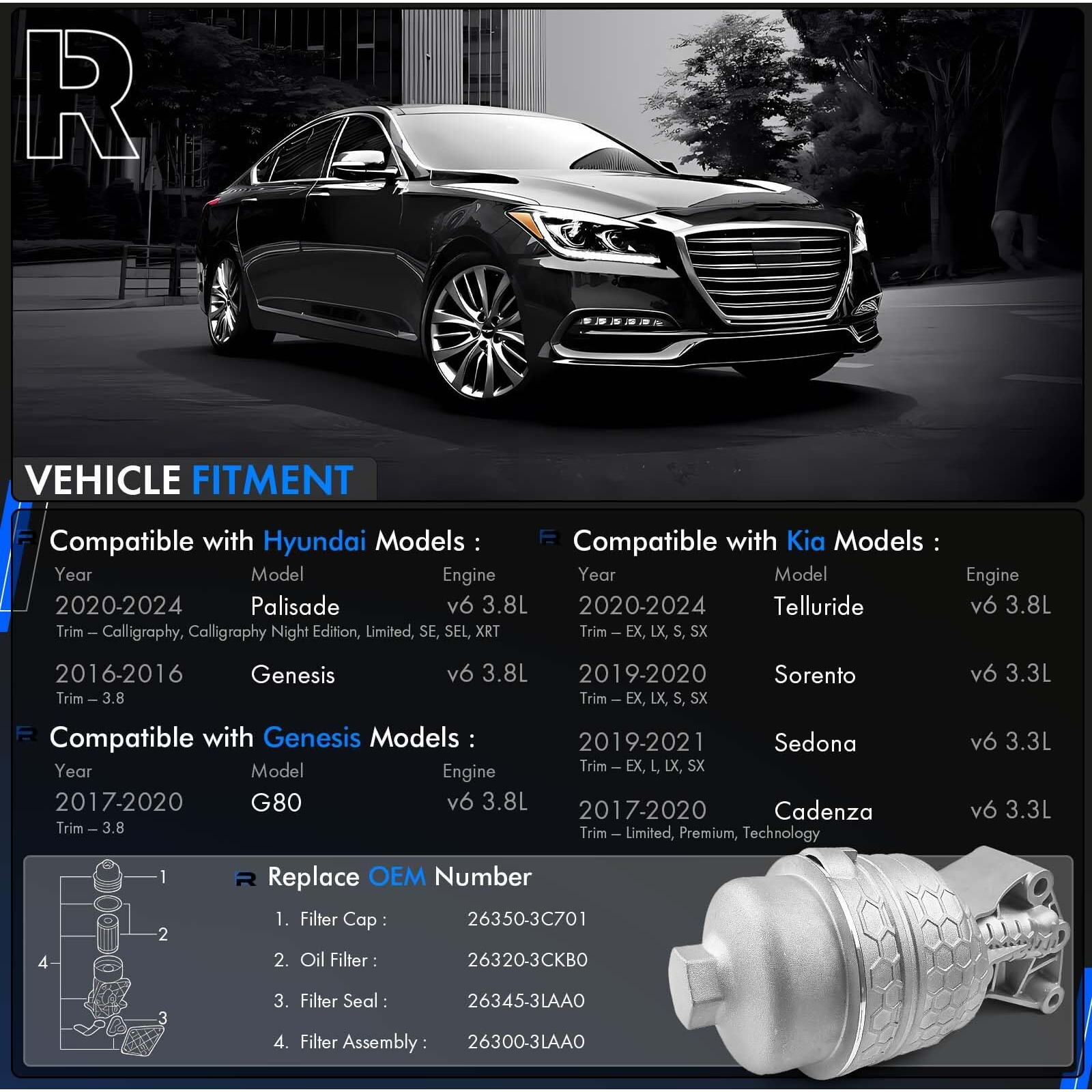 26300-3Laa0 Oil Filter Complete Assembly Aluminum Fits Hyundai Palisade 20-24 Genesis G80 17-20 Fits Kia Cadenza Sedona Sorento 17-21 Telluride 20-24 Oil Filter  26345-3Ckb0 Cap  26350-3C701