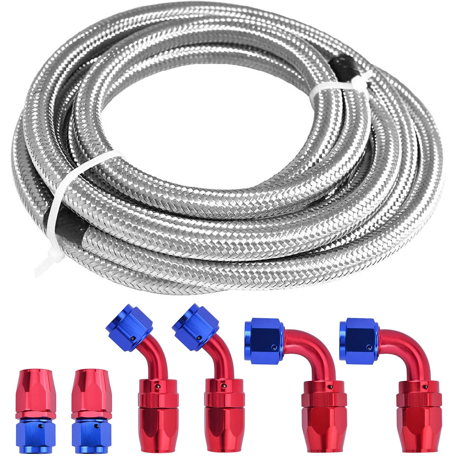 12Ft Fuel Line 6An Braided Oil Stainless Steel Fuel Hose W/ 6 Pcs An6 Hose Compatible For Kit (Silver + 6Pcs)