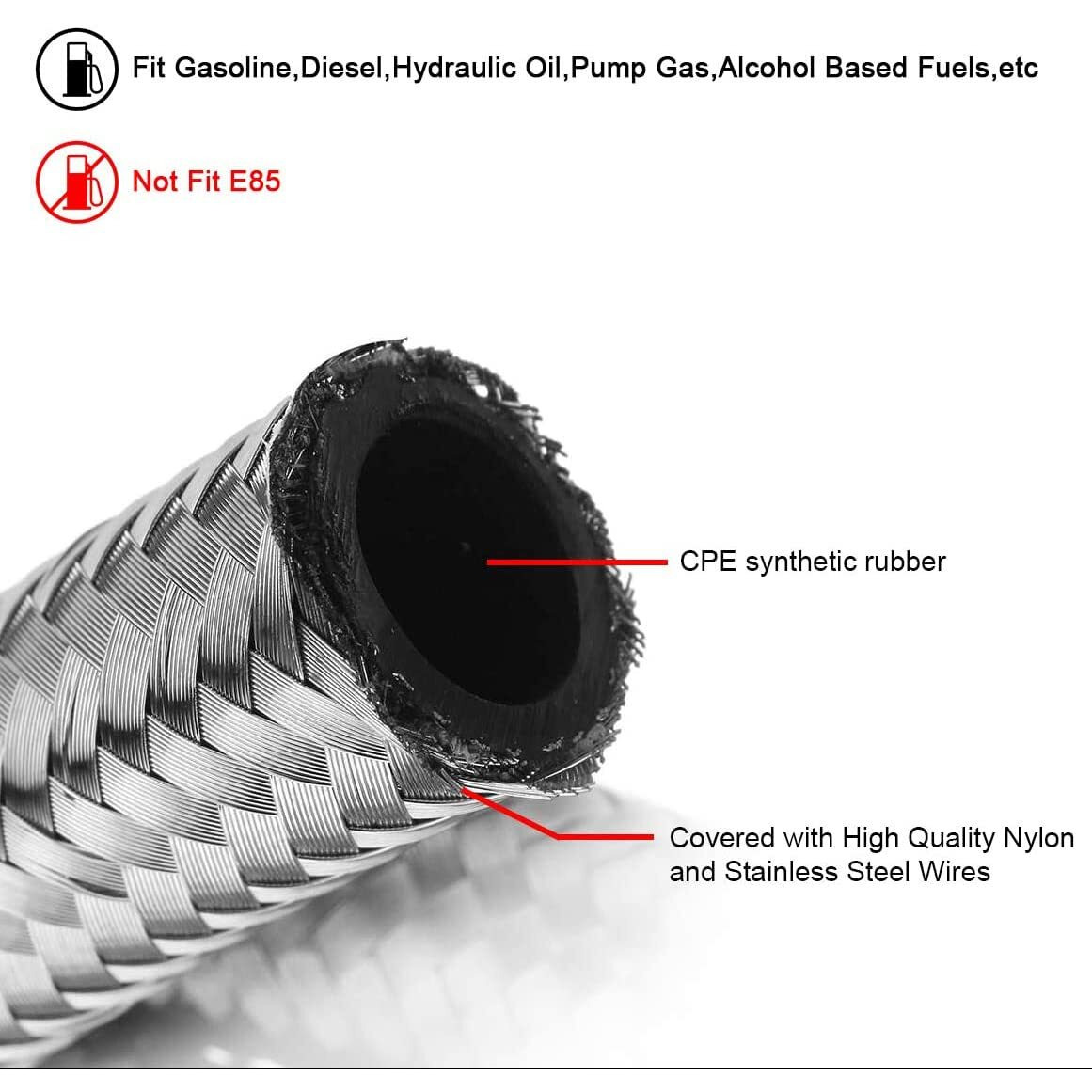 12Ft Fuel Line 6An Braided Oil Stainless Steel Fuel Hose W/ 6 Pcs An6 Hose Compatible For Kit (Silver + 6Pcs)