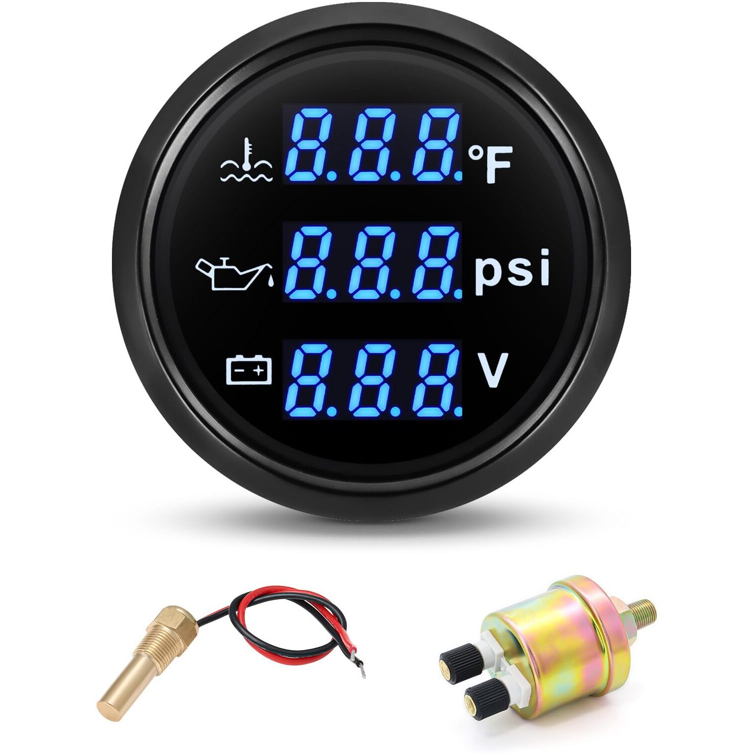 Artilaura Triple Gauge Set 3In1 (Oil Pressure+ Water Temperature + Voltmeter) 2"" 52Mm Blue Backlight Auto Boat Gauge Kit With Sensor (Black)