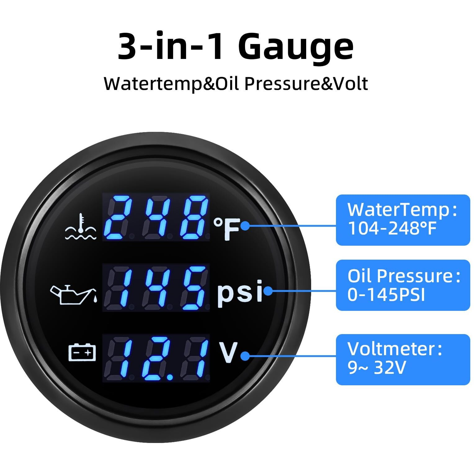 Artilaura Triple Gauge Set 3In1 (Oil Pressure+ Water Temperature + Voltmeter) 2"" 52Mm Blue Backlight Auto Boat Gauge Kit With Sensor (Black)