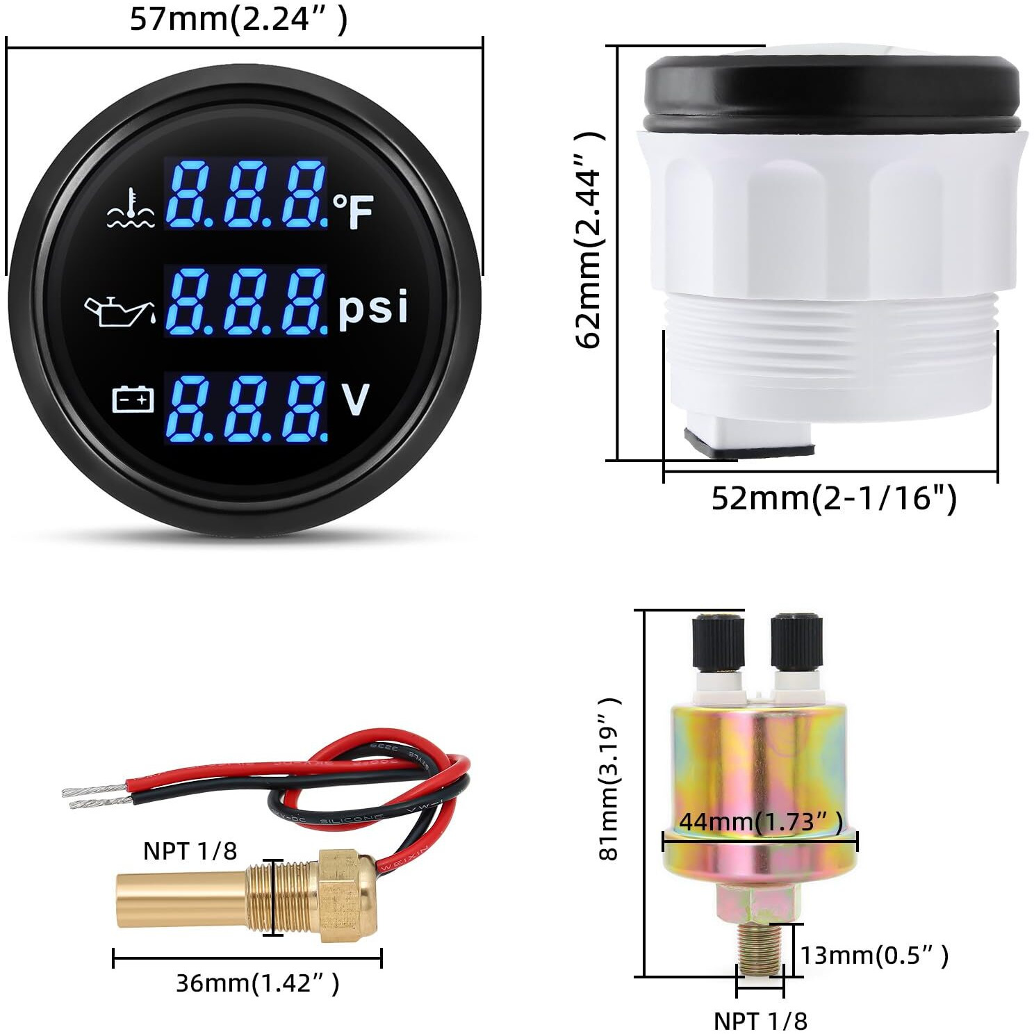 Artilaura Triple Gauge Set 3In1 (Oil Pressure+ Water Temperature + Voltmeter) 2"" 52Mm Blue Backlight Auto Boat Gauge Kit With Sensor (Black)