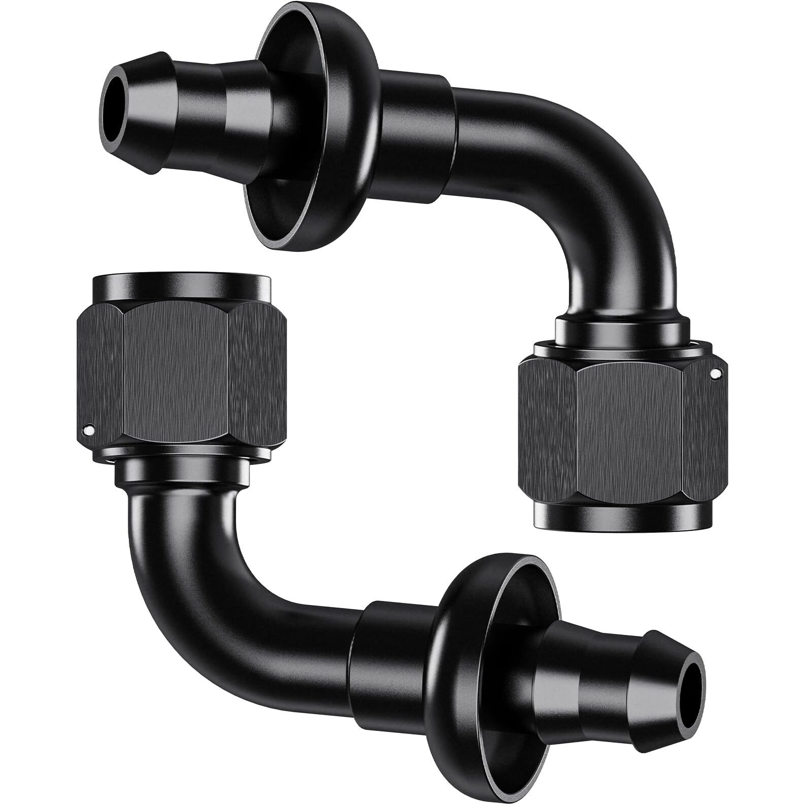 2Pcs 90 6An Female To 3/8"" Push Lock Hose Fitting End For Rubber Fuel Line, Black Hard Two Stage Barb Aluminum Anodized Connector, Automotive Accessories For Vehicle Fuel Oil Line Modification