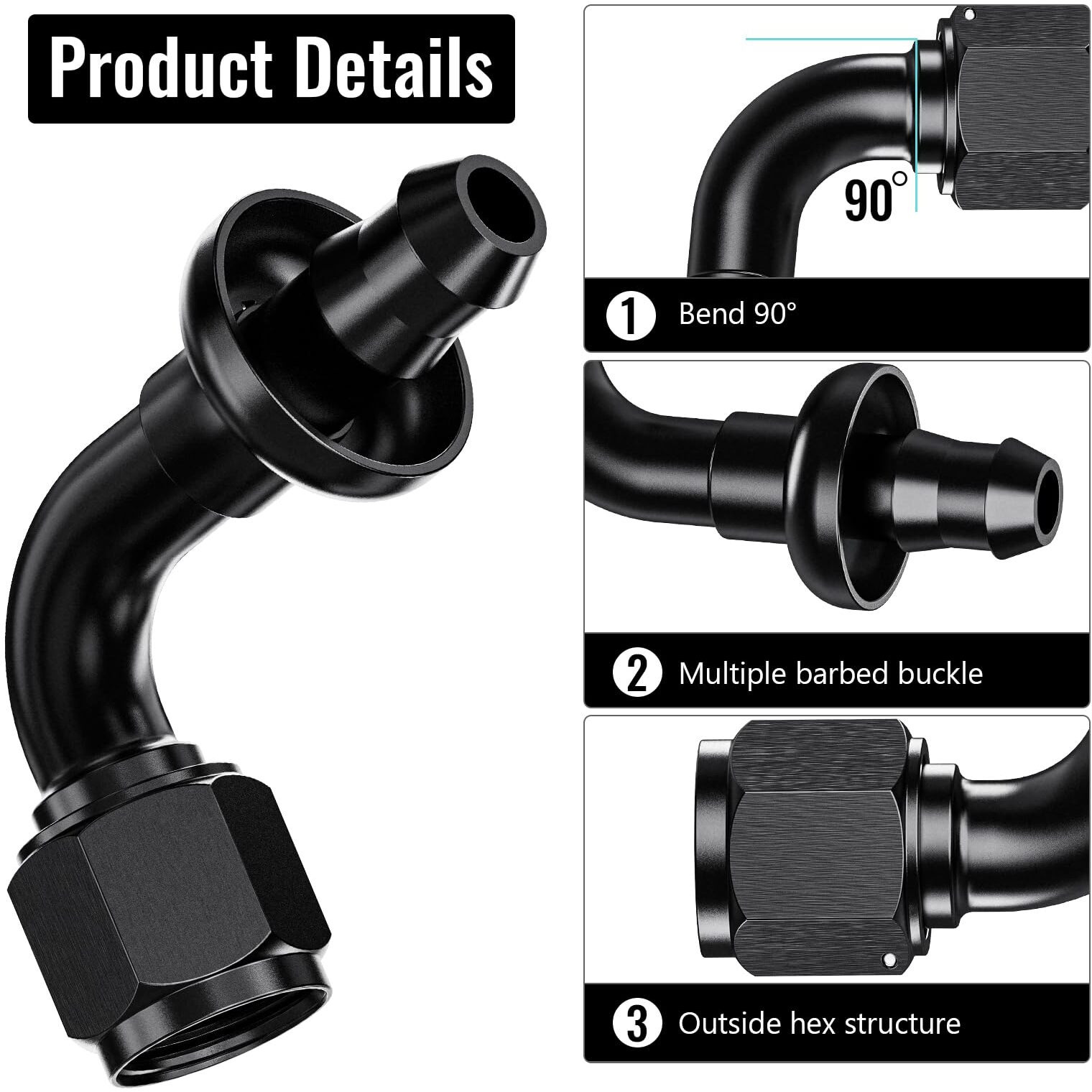 2Pcs 90 6An Female To 3/8"" Push Lock Hose Fitting End For Rubber Fuel Line, Black Hard Two Stage Barb Aluminum Anodized Connector, Automotive Accessories For Vehicle Fuel Oil Line Modification