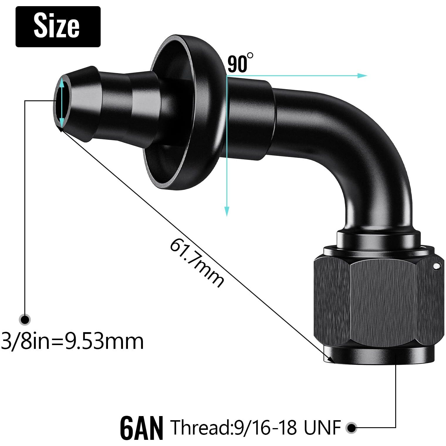 2Pcs 90 6An Female To 3/8"" Push Lock Hose Fitting End For Rubber Fuel Line, Black Hard Two Stage Barb Aluminum Anodized Connector, Automotive Accessories For Vehicle Fuel Oil Line Modification