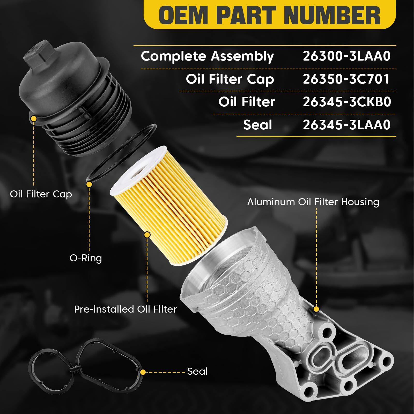26300-3Laa0 Upgrade Aluminum Oil Filter Housing Kit Compatible With Hyundai 14-16 Genesis 17-20 Genesis G80 20-23 Palisade Kia 17-20 Cadenza 19-20 Sorento 19-21 Sedona 20-24 Telluride Oe 263003Laa0