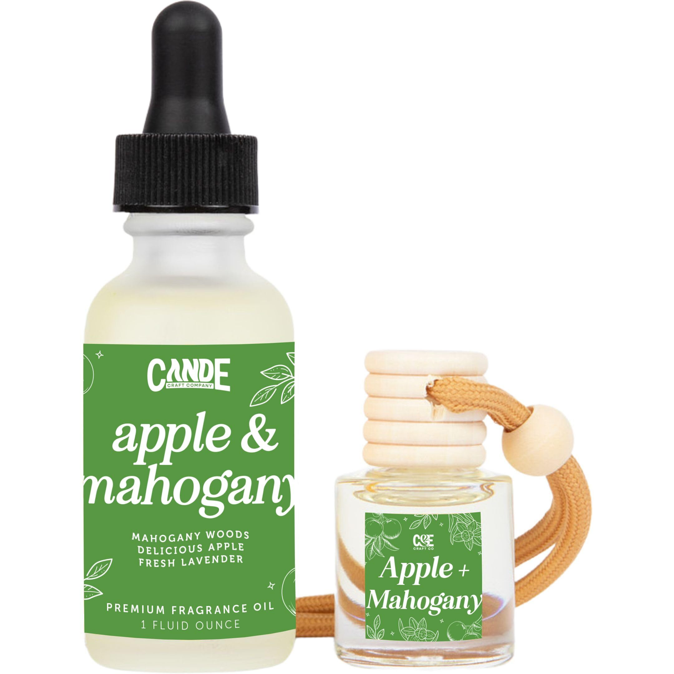 Car Air Freshener & Refill Bundle - Hanging Scent Diffuser For Car, Long-Lasting Essential Oil Car Fragrance, Reusable Glass Bottle + Refill, 2 Pack (Apple & Mahogany)