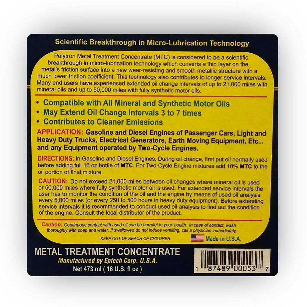 Polytron Metal Treatment Concentrate Oil Additive (Mtc) 1/2 Qt (16Oz/473Ml) Bottle - Military Industrial Grade