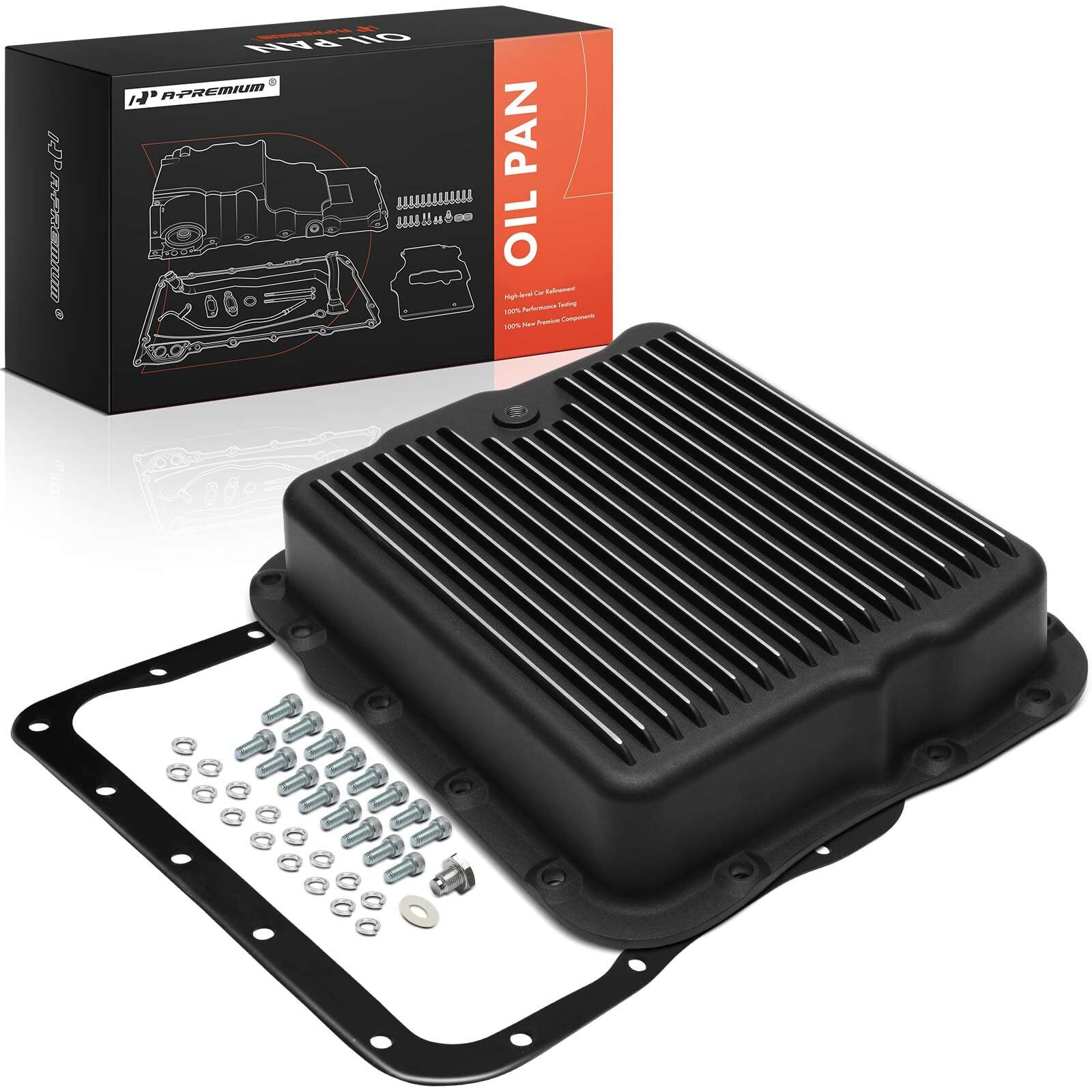 A-Premium Plated Finned Aluminum Transmission Oil Pan, With Drain Plug, Bolts And Gasket, Compatible With Gm 700R4 4L60 4L60E, 2-5/8"" Pan Depth