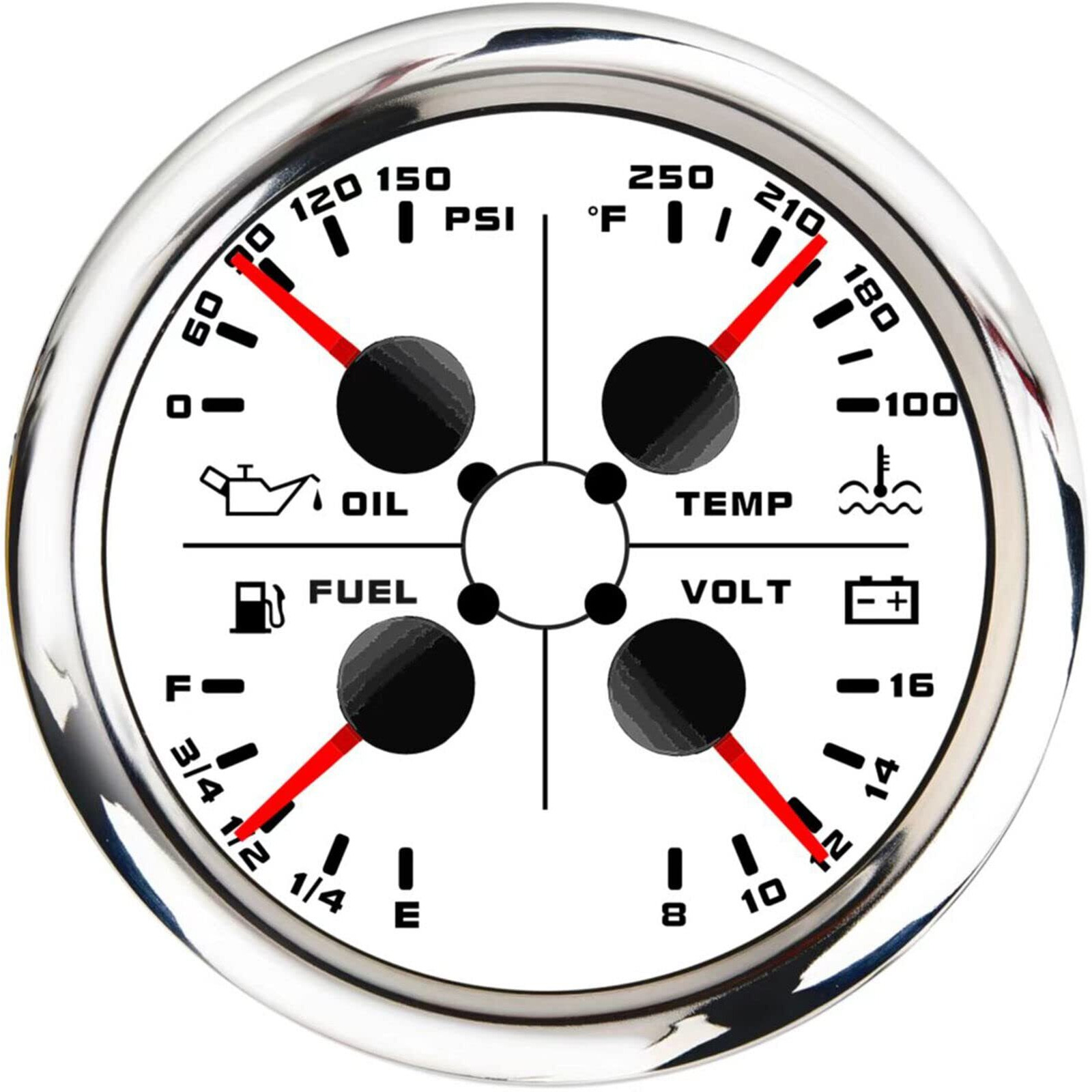 Artilaura 4In1 Auto Gauge Oil Pressure Water Temp 240-33Ohm/0-190Ohm Fuel Gauge Volt 85Mm 3 3/8"" Multifunctional Electric Meter For Car Marine Boat (White)