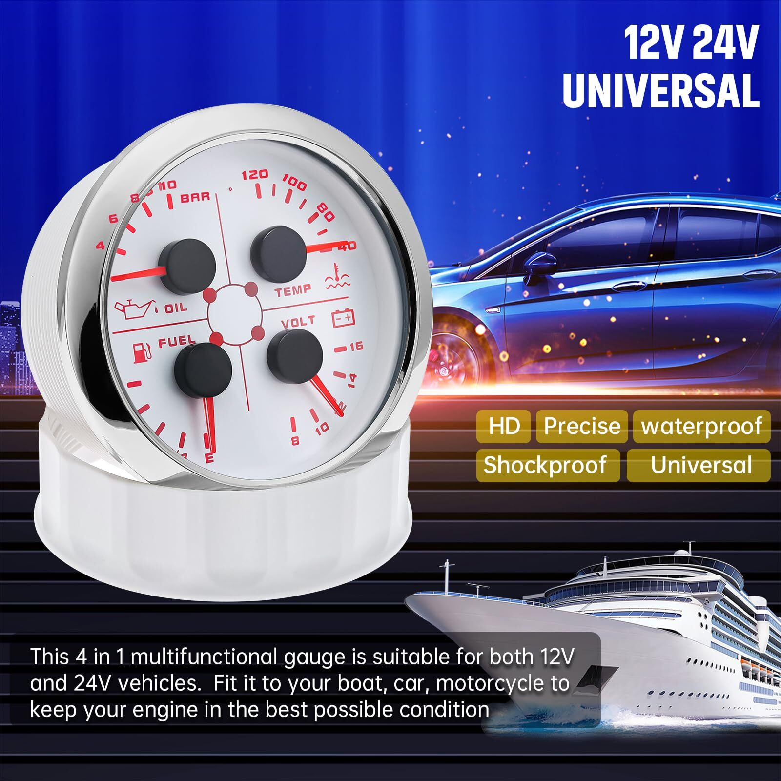 Artilaura 4In1 Auto Gauge Oil Pressure Water Temp 240-33Ohm/0-190Ohm Fuel Gauge Volt 85Mm 3 3/8"" Multifunctional Electric Meter For Car Marine Boat (White)