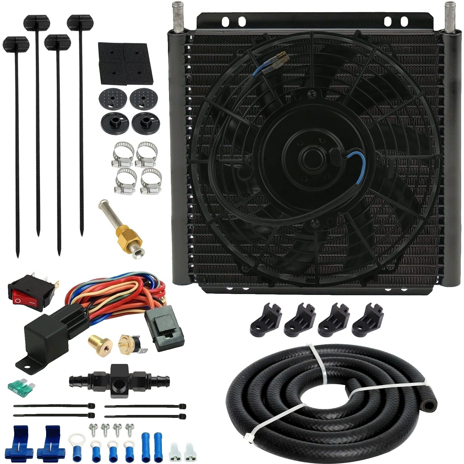 American Volt Heavy Duty 11"" Transmission Oil Cooler 9"" Inch Electric Fan & 6An In-Line Hose Thermostat Switch Wiring Kit (140'F On - 125'F Off)