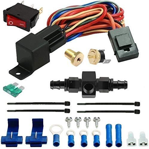 American Volt Heavy Duty 11"" Transmission Oil Cooler 9"" Inch Electric Fan & 6An In-Line Hose Thermostat Switch Wiring Kit (140'F On - 125'F Off)