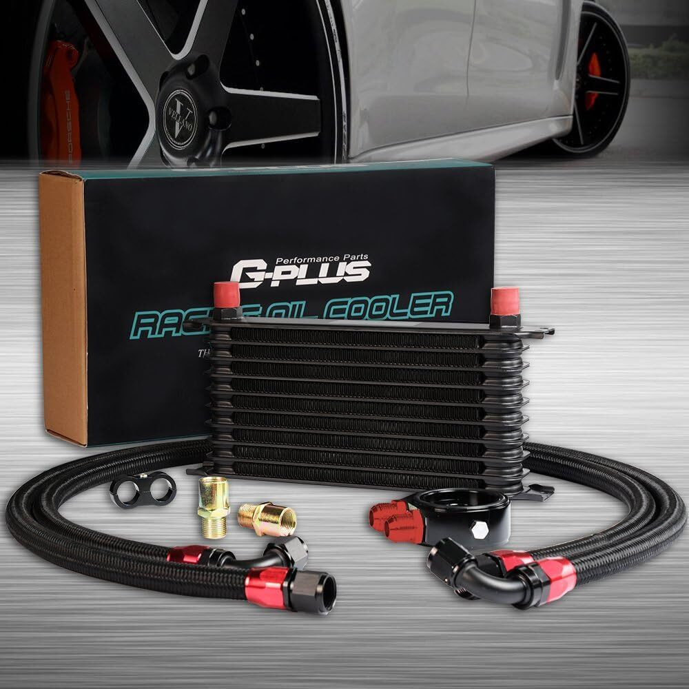 G-Plus 10 Row An10-10An Universal Engine Transmission Oil Cooler Kit Oil Filter Relocation Kit Aluminum Radiator Oil Cooler Condenser Black