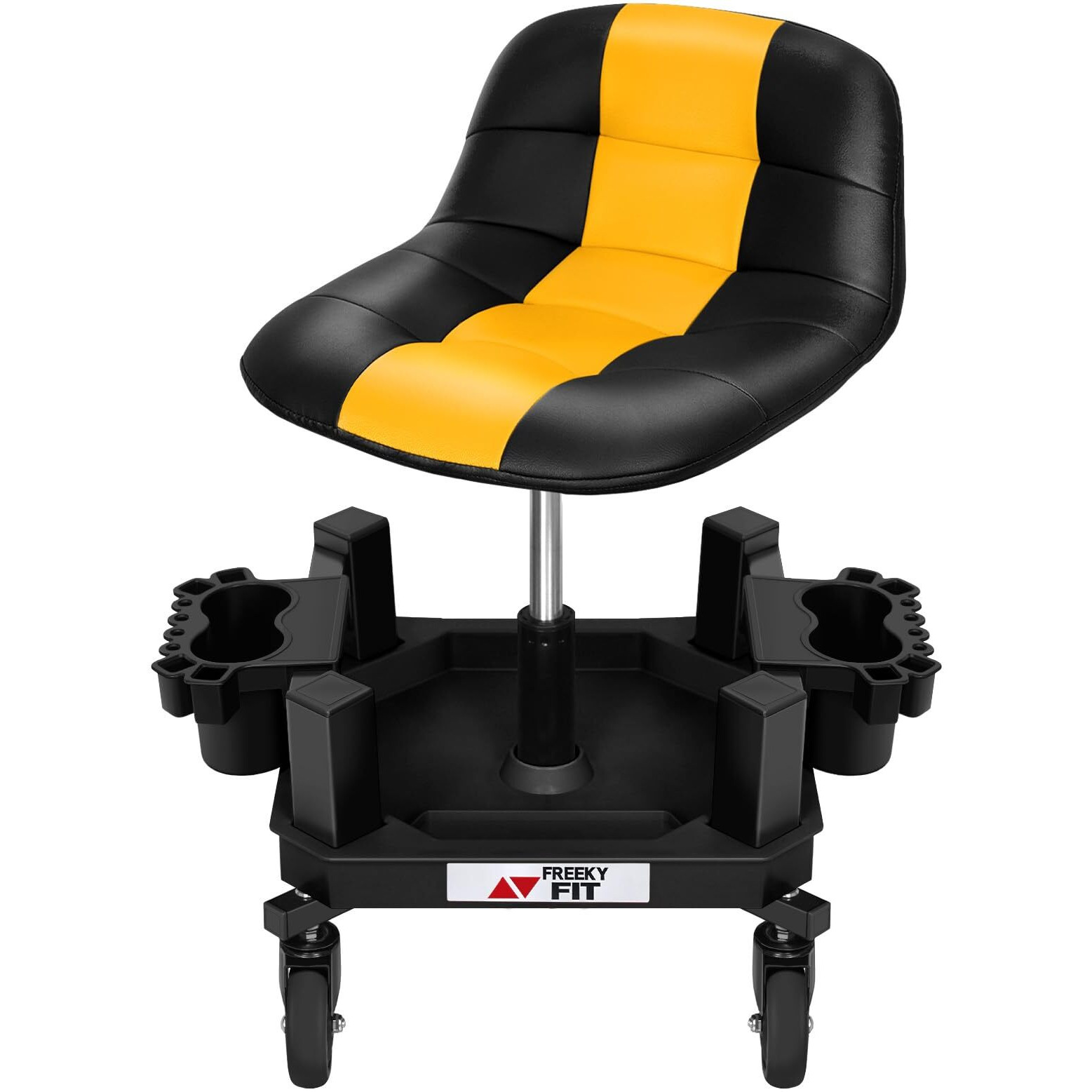 Freekyfit Rolling Shop Stool With Wheels, Adjustable Garage Mechanic Stool Seat Shop Roller Work Chair Mobile Rolling Seat With Tool Tray, 2 Cup Holders, 4"" Casters, 350 Lbs, Heavy-Duty,Yellow