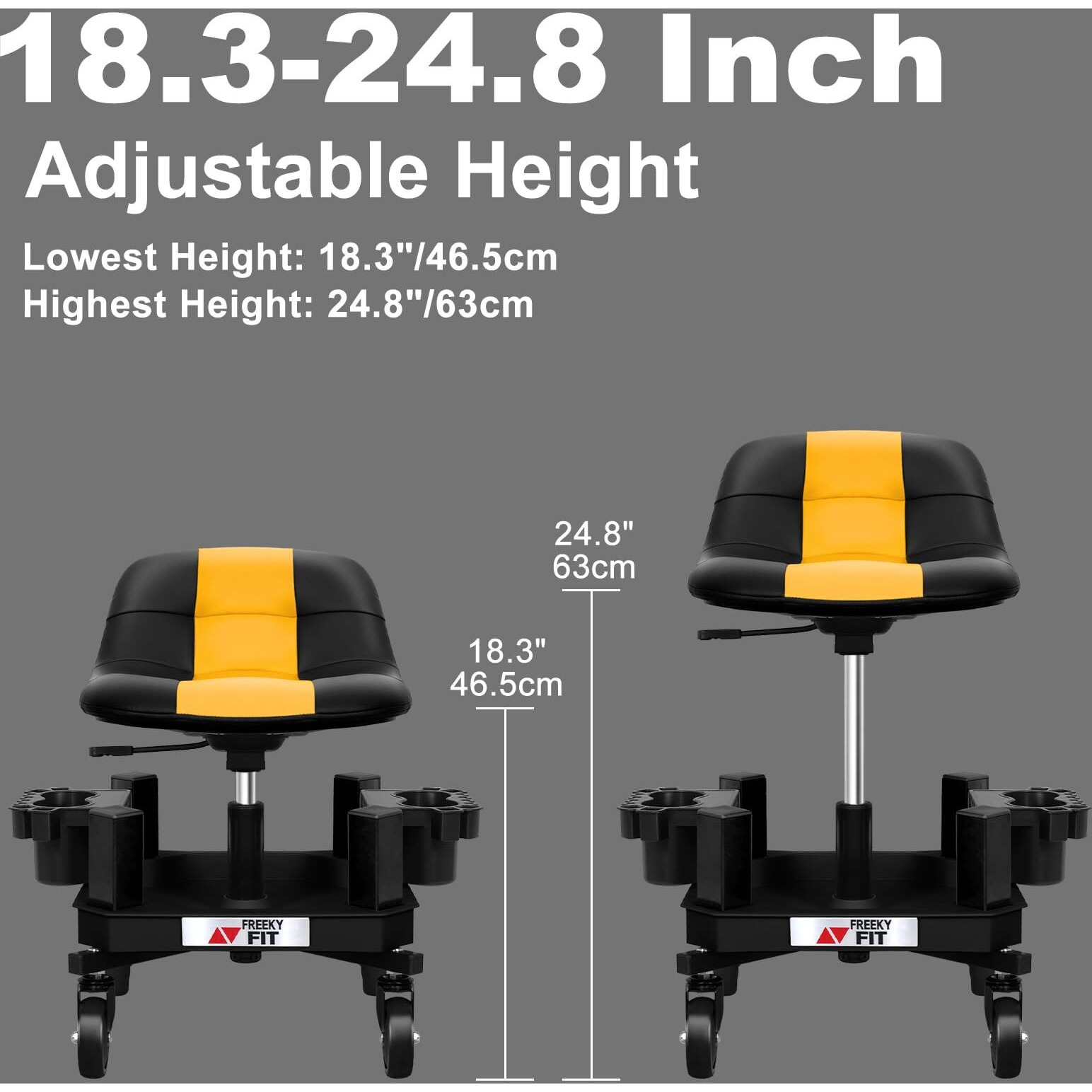 Freekyfit Rolling Shop Stool With Wheels, Adjustable Garage Mechanic Stool Seat Shop Roller Work Chair Mobile Rolling Seat With Tool Tray, 2 Cup Holders, 4"" Casters, 350 Lbs, Heavy-Duty,Yellow