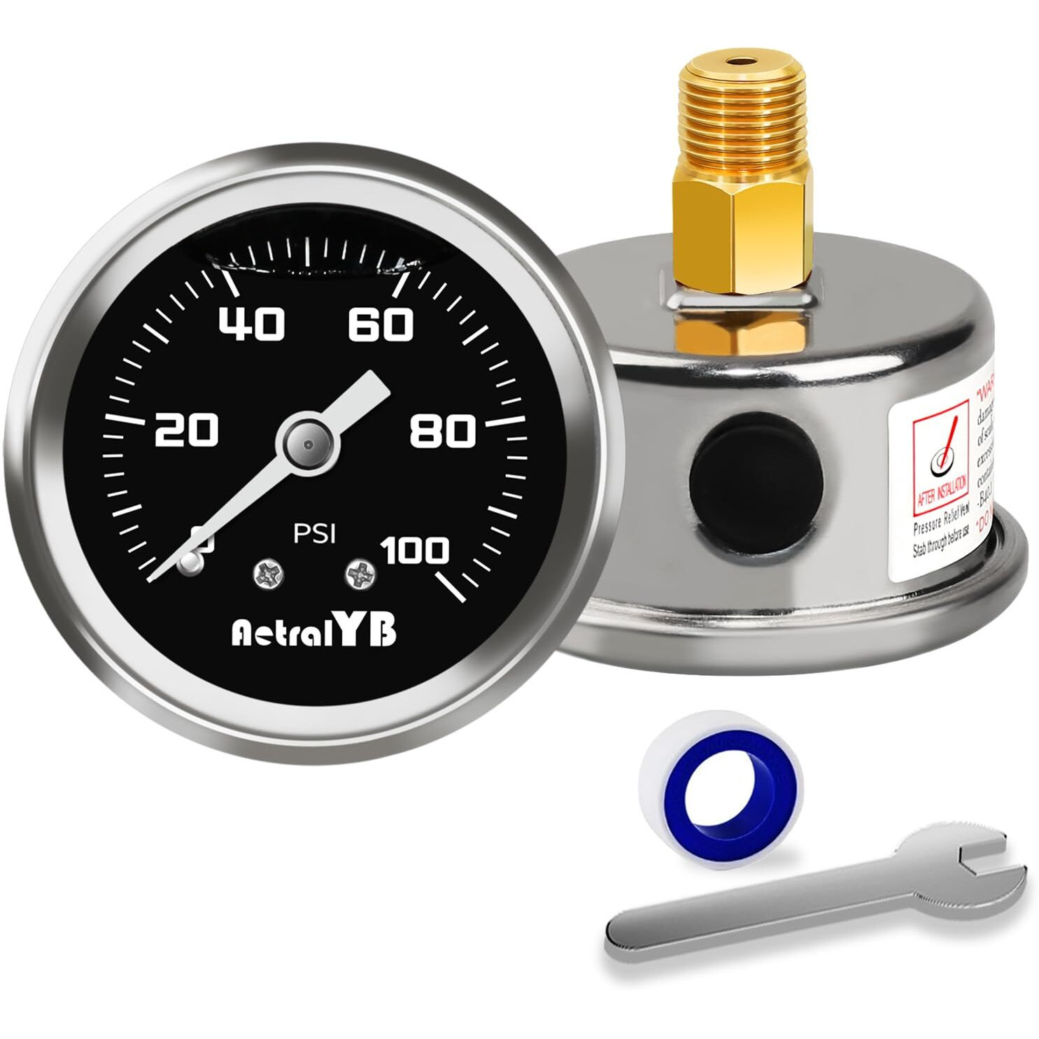 Aetralyb 0-100 Psi Fuel Pressure Gauge, 1-1/2"" Dial Size, 1/8"" Npt Back Mount, Glycerin Liquid Filled, Stainless Steel Case, Inline Low Pressure Gauge, For Water Oil Air Pressure Test