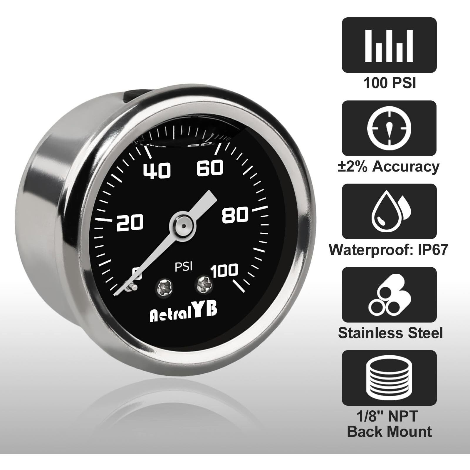 Aetralyb 0-100 Psi Fuel Pressure Gauge, 1-1/2"" Dial Size, 1/8"" Npt Back Mount, Glycerin Liquid Filled, Stainless Steel Case, Inline Low Pressure Gauge, For Water Oil Air Pressure Test