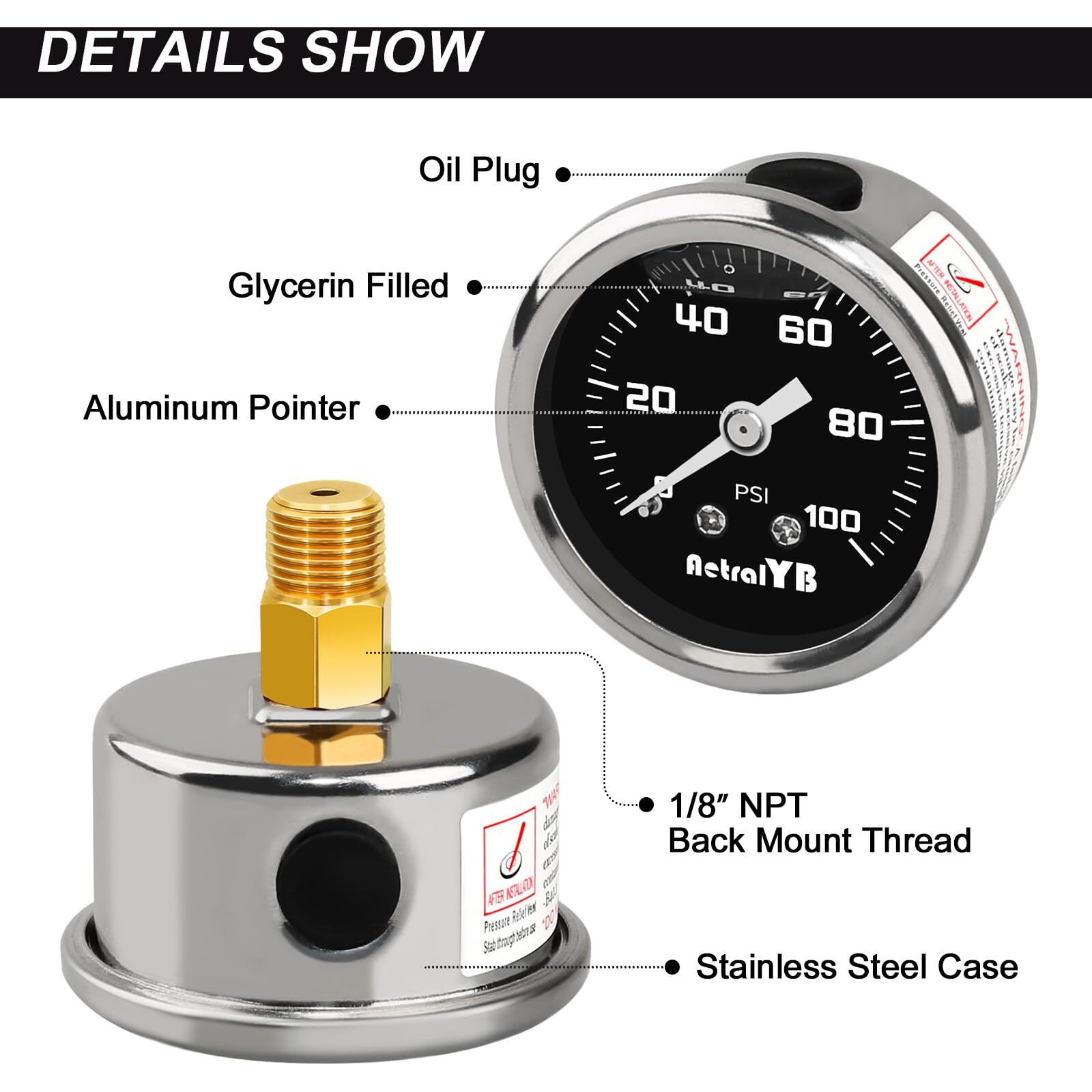 Aetralyb 0-100 Psi Fuel Pressure Gauge, 1-1/2"" Dial Size, 1/8"" Npt Back Mount, Glycerin Liquid Filled, Stainless Steel Case, Inline Low Pressure Gauge, For Water Oil Air Pressure Test