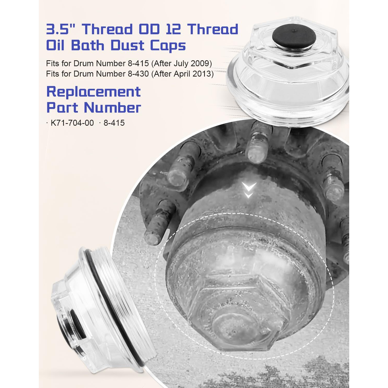 K71-704-00, 21-88 Oil Bath Dust Caps Fit For Trailer Axle Dexter 9K 10K 3.5"" Thread Od 12 Thread, Fit For Drum Number 8-415 After July 2009, Fit For Drum Number 8-430 After April 2013, 4 Pcs