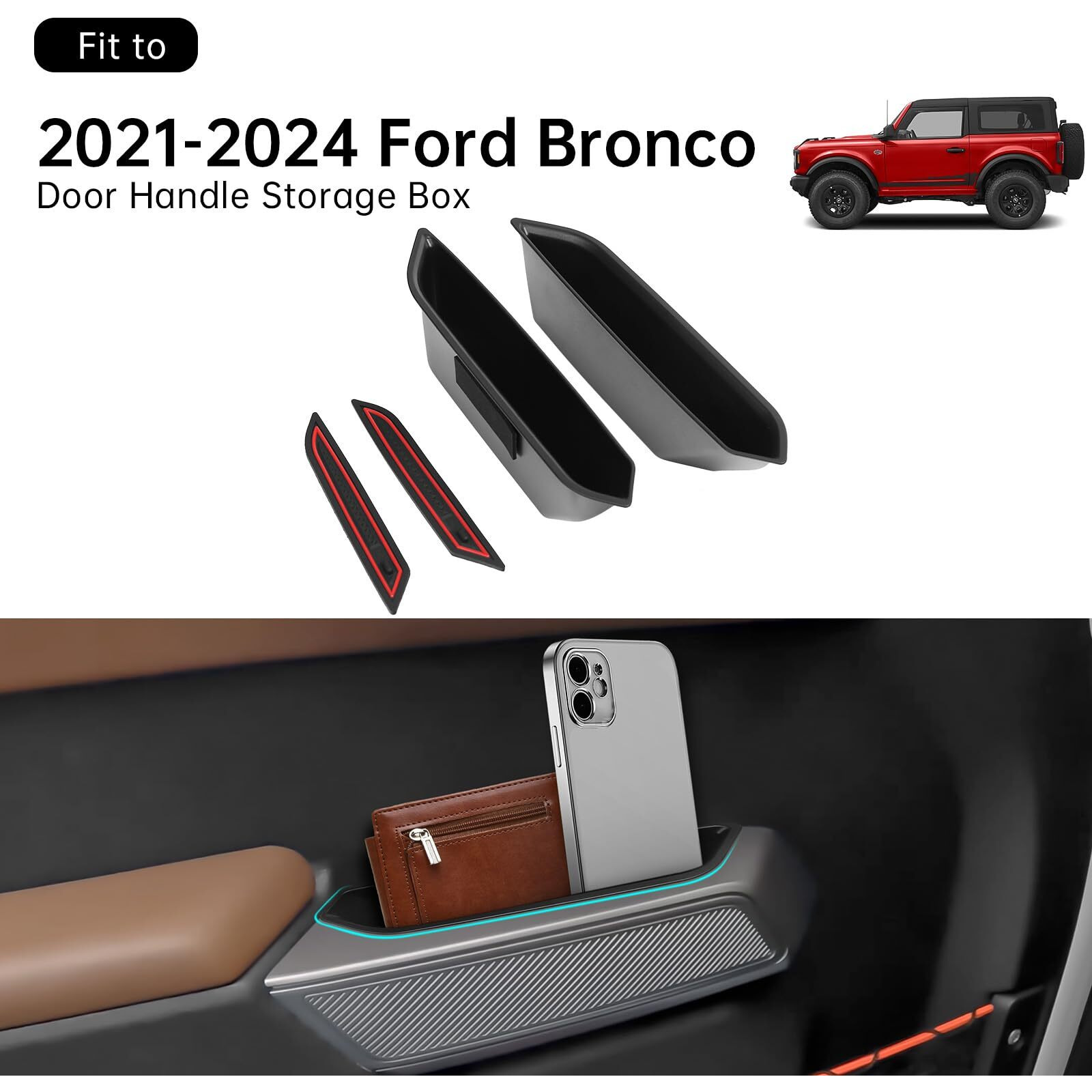 Dwkjmycp 2Pcs Front Door Handle Storage Box For Ford Bronco 2021 2022 2023 2024 2025 Accessories Phone Holder Door Grab Pocket Storage Organizer Abs Plastic, Red Mat, Not For Sport