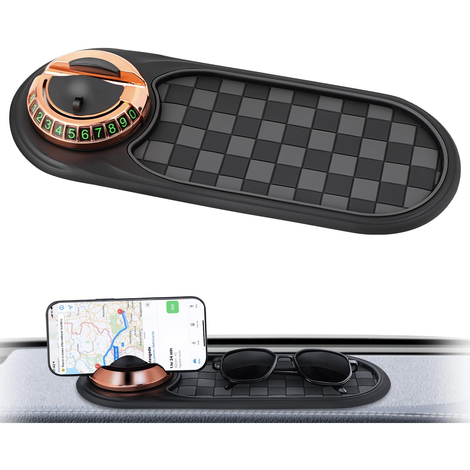 Xbegix Multifunction Car Anti-Slip - Rotatable Anti Skid Dashboard With Phone Holder - Car Gadgets - Large For Phones Sunglasses Keys - Universal Car Anti Slip With Temporary Parking Number (Golden)