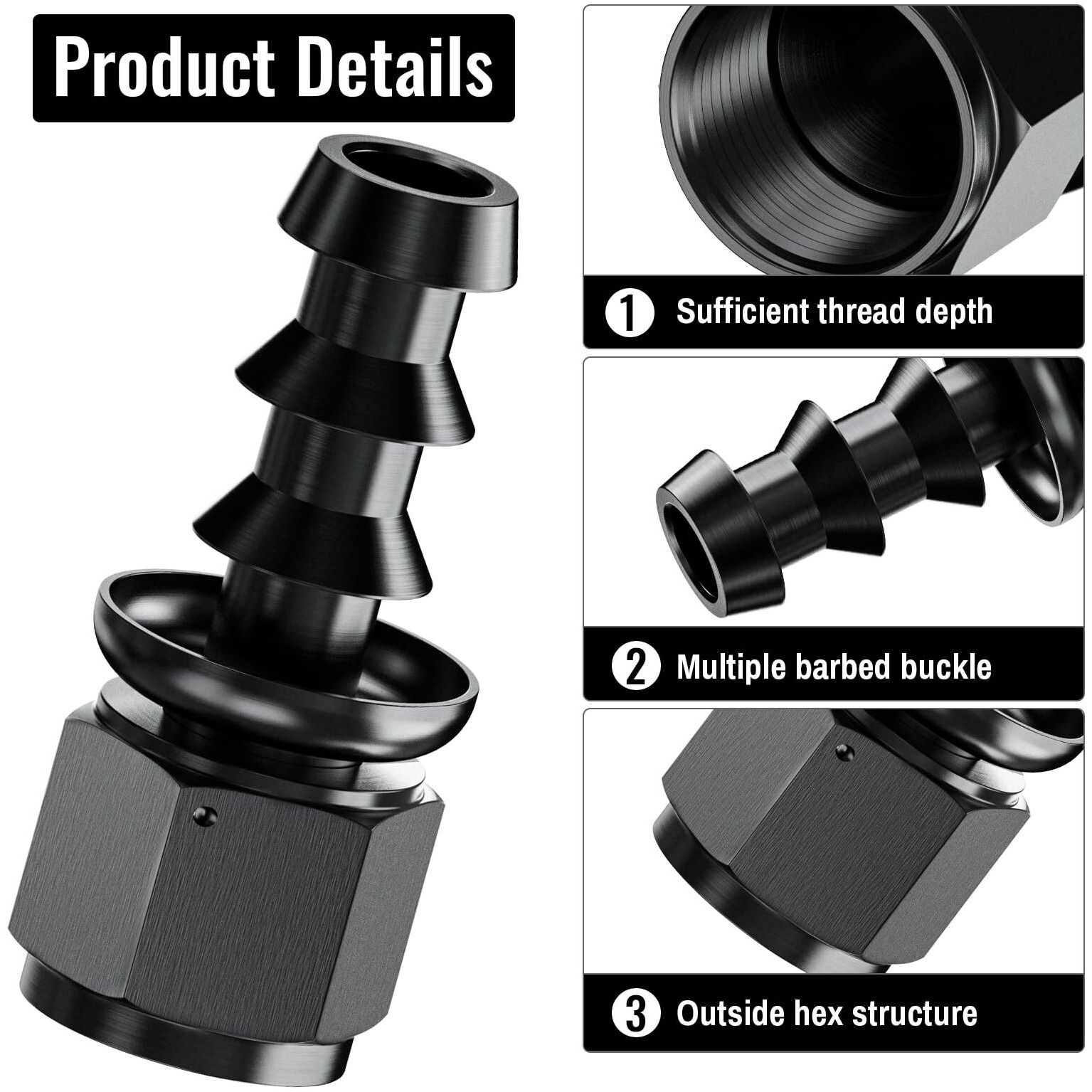 2Pcs Straight 10An Female To 5/8"" Push Lock Hose Fitting End For Rubber Fuel Line, Black Hard Two Stage Barb Aluminum Anodized Connector, Automotive Accessories For Vehicle Fuel Oil Line Modification