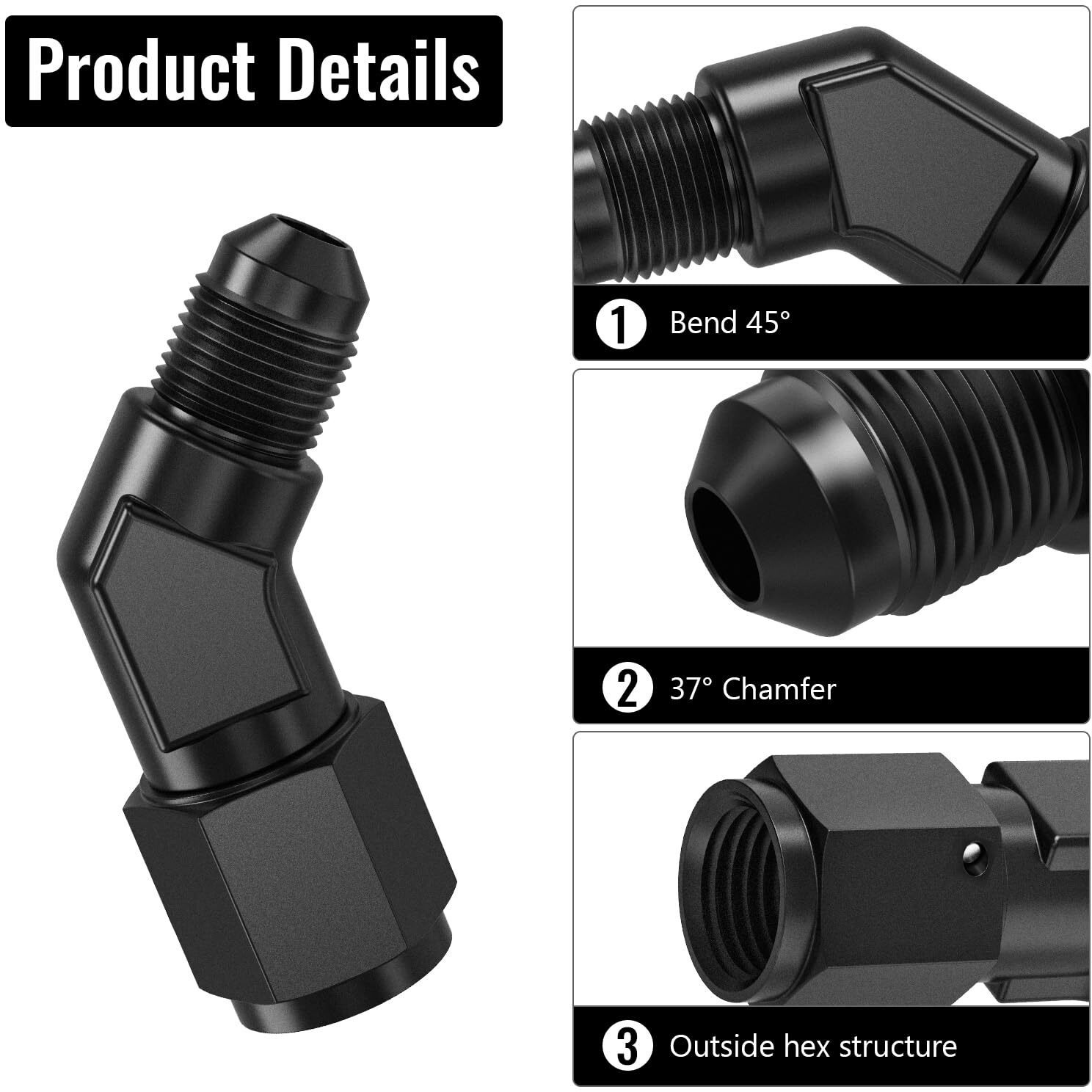 Truckmeter 45 Degree 4An Female To 4An Male Swivel Flare Union Fitting Adapter, Black Hard Aluminum Hex Anodized Connector, Automotive Accessories Suitable For Vehicle Fuel Oil Line Modification