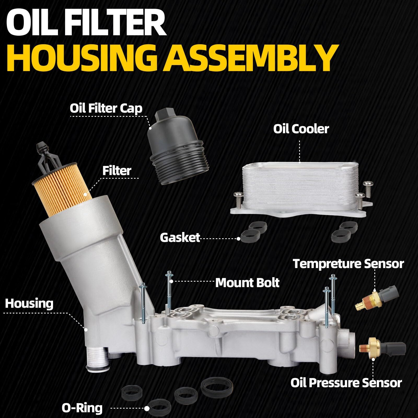 926-959 926-876 Aluminum Oil Cooler Oil Filter Housing With Kit Oil Cooler Gaskets And Sensors Compatible With 2011-2016 Chrysler 200 300 Charger Challenger Journey Wrangler Ram Promaster 3.6L